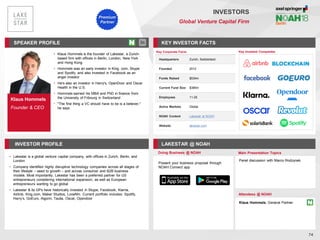 Klaus Hommels
Founder & CEO
SPEAKER PROFILE
• Klaus Hommels is the founder of Lakestar, a Zurich-
based firm with offices in Berlin, London, New York
and Hong Kong
• Hommels was an early investor in King. com, Skype
and Spotify, and also invested in Facebook as an
angel investor
• He's also an investor in Harry's, OpenDoor and Oscar
Health in the U.S.
• Hommels earned his MBA and PhD in finance from
the University of Fribourg in Switzerland
• "The first thing a VC should have to be is a believer,"
he says
KEY INVESTOR FACTS
74
INVESTORS
Global Venture Capital Firm
INVESTOR PROFILE LAKESTAR @ NOAH
• Lakestar is a global venture capital company, with offices in Zurich, Berlin, and
London
• Company identified highly disruptive technology companies across all stages of
their lifestyle – seed to growth – and across consumer and B2B business
models. Most importantly, Lakestar has been a preferred partner for US
entrepreneurs considering international expansion, as well as European
entrepreneurs wanting to go global
• Lakestar & its GPs have historically invested in Skype, Facebook, Klarna,
Airbnb, King.com, Maker Studios, Lovefilm. Current portfolio includes: Spotify,
Harry’s, GoEuro, Algomi, Taulia, Oscar, Opendoor
Doing Business @ NOAH Main Presentation Topics
Attendees @ NOAH
Klaus Hommels, General Partner
Panel discussion with Marco Rodzynek
Key Invested Companies
Key Corporate Facts
Headquarters Zurich, Switzerland
Founded 2012
Funds Raised $534m
Current Fund Size $385m
Employees 11-25
Active Markets Global
NOAH Content Lakestar at NOAH
Website lakestar.com
Present your business proposal through
NOAH Connect app
Premium
Partner
 