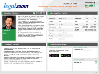 SPEAKER PROFILE
• John Suh has served as LegalZoom’s Chief Executive
Officer since February 2007 and as a member of
board of directors since February 2005
• Prior to LegalZoom, Mr. Suh was Chief Executive
Officer of StudioDirect, the Internet division of a global
supply chain company, Li and Fung
• Prior to StudioDirect, Mr. Suh co-founded and served
as Chief Executive Officer of Castling Group, helping
offline companies create their Internet divisions and
launching category leaders such as jcrew.com and
hifi.com
• Mr. Suh was selected to serve on the board of
directors due to the perspective and experience he
brings as Chief Executive Officer and his extensive
background in the Internet industry
KEY COMPANY FACTS
77
DIGITAL & TMT
Online Legal Document Services and Legal Plans
COMPANY PROFILE LEGALZOOM @ NOAH
• LegalZoom is the US’ most recognized name in law, the alternative to the
traditional law firm
• The leading provider of online legal document services and legal plans to
families and small businesses, LegalZoom offers high quality, affordable legal
services, marrying cutting-edge technology with access to experienced
attorneys
• LegalZoom was founded on the idea that all Americans deserve access to the
law; and as of 2011 the company has helped close to two million small
businesses and families with their legal needs
• Our high quality documents have been accepted in all 50 states, and 94% of
customers would refer LegalZoom to their family and friends
Doing Business @ NOAH
Traffic Apr-17 Apr-18
Unique Users 3.4m 3.3m
Visits 5.1m 4.9m
Minutes 02:32 02:30
Sessions
Mobile: 51%
Desktop: 49%
Mobile: 47%
Desktop: 53%
Apr 2018
Sources
Direct: 21%, Search: 67%,
Referrals: 1%, Other: 12%
Key Corporate Facts
Headquarters Glendale, CA, US
Founded 1999
Employees 100-1,000
Active Markets Global
Ownership Private – VCs
Key Investors Permira, KPCB, IVP
Funding $111m
Website legalzoom.com
Main Presentation Topics
Attendees @ NOAH
John Suh, CEO
Fireside chat with
John Suh
CEO
Present your business proposal through
NOAH Connect app
 