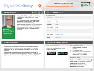 Matthias
Schmidt-Pfitzner
Digital Partner
SPEAKER PROFILE
• Matthias Schmidt-Pfitzner is a Partner at McKinsey
Digital with over 22 years' experience in digital
businesses
• He is an expert in strategy, business & corporate
development, business modelling, sales, digital
marketing and new business building
• Matthias has built, transformed and sold companies of
various sizes and has extensive management and
leadership experience in national and multinational
companies from start-up to DAX and NASDAQ
companies
KEY COMPANY FACTS
80
SERVICE PROVIDERS
Global Management Consulting Firm
COMPANY PROFILE DIGITAL MCKINSEY @ NOAH
• Digital McKinsey brings together the best of McKinsey’s digital capabilities
• Digital McKinsey not only advises but also builds, operates, and transfers
capabilities to help our clients create value by reinventing the core of their
businesses
• Digital McKinsey brings together more than 2,000 experts from across our
global firm—including more than 1000 developers, designers, IT architects, data
engineers, agile coaches, and advanced analytics experts in our Digital Labs
Doing Business @ NOAH
Key Corporate Facts
Headquarters New York, NY, US
Founded 1926
Employees 14,000
Active Markets Global
Ownership Private
NOAH Content McKinsey at NOAH
Website mckinsey.com
Main Presentation Topics
Attendees @ NOAH
Matthias Schmidt-Pfitzner, Digital Partner
Holger Klärner, VP Fast Growth Tech EMEA
Gérard Richter, Senior Partner
Florian Wunderlich, Senior Partner
Karel Dörner, Senior Partner
1. How do corporates successfully
innovate?
2. Is there a main driver?
3. What are the success factors? And how
can it be a catalyst for a greater
transformation of the company
Present your business proposal through
NOAH Connect app
 