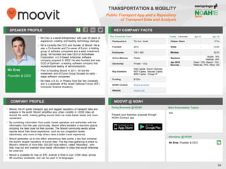 Nir Erez
Founder & CEO
SPEAKER PROFILE
• Nir Erez is a serial entrepreneur with over 20 years of
experience creating and leading technology startups
• Nir is currently the CEO and founder of Moovit. He is
also a Co-founder and Co-owner of Eyron, a holding
group of software companies and a seed investment
group. Nir founded and was CEO of ActionBase
Corporation, a U.S.based enterprise software
company acquired in 2003. He also founded and was
COO of Optimal+, a leading software company that
revolutionized testing of semiconductors
• Prior to founding Moovit in 2011, Nir led the
investment arm of Eyron Group focused on early -
stage software companies
• Nir holds a B.Sc. in Physics from Bar Ilan University
and is a graduate of the Israeli Defense Forces (IDF)
Computer Science Academy
KEY COMPANY FACTS
84
TRANSPORTATION & MOBILITY
Public Transport App and a Repository
of Transport Data and Analysis
COMPANY PROFILE MOOVIT @ NOAH
• Moovit, the #1 public transport app and biggest repository of transport data and
analysis in the world. Moovit simplifies your urban mobility in +2200 cities all
around the world, making getting around town via mass transit easier and more
convenient
• By combining information from public transit operators and authorities with live
information from the user community, Moovit offers travelers a real-time picture,
including the best route for their journey. The Moovit community sends active
reports about their travel experience, such as bus congestion levels,
cleanliness, and more to help others have a better travel experience
• Moovit generates up to one billion anonymous data points a day that comprise
the world's largest repository of transit data. The Big Data gathering is aided by
Moovit’s network of more than 300,000 local editors, called “Mooviters”, who
help map out and maintain local transit information in cities that would otherwise
be unserved
• Moovit is available for free on iOS, Android & Web in over 2,000 cities, across
80 countries worldwide, and can be used in 44 languages
Doing Business @ NOAH
Traffic Apr-17 Apr-18
Unique Users - 8.7m
Visits - 13.0m
Minutes - 02:51
Sessions -
Mobile: 76%
Desktop: 24%
Apr 2018
Sources
Direct: 12%, Search: 12%,
Referrals: 74%, Other: 2%
Key Corporate Facts
Headquarters Tel Aviv, Israel
Founded 2012
Employees 100-1,000
Active Markets Global
Ownership Private – VCs
Key Investors
Intel Capital, Sound Ventures,
NGP Capital, Sequoia Capital,
BRM Capital, Vintage IP
Funding $132m
NOAH Content Moovit at NOAH
Website moovit.com
Main Presentation Topics
Attendees @ NOAH
Nir Erez, Founder & CEO
N/A
Present your business proposal through
NOAH Connect app
 