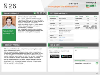 Valentin Stalf
Founder & CEO
SPEAKER PROFILE
• Valentin is a Founder & CEO of N26
• Born in Vienna, Valentin studied Accounting &
Finance (M.A. HSG) at the University of St. Gallen,
Sophia University in Tokyo and Vienna University of
Economics and Business Administration
• During his studies he worked in a number of fields
including Strategy Consulting and Investment
Banking/Mergers & Acquisition
• After graduating he joined the Internet Incubator
Rocket Internet as Entrepreneur in Residence and
was involved in building different companies
KEY COMPANY FACTS
87
FINTECH
Leading Digital-Only Banking Service
COMPANY PROFILE N26 @ NOAH
• N26 is Europe’s first Mobile Bank with a full European banking license and is
setting new standards in banking
• N26 has redesigned banking for the smartphone, making it simple, fast and
contemporary. Opening a new bank account takes only eight minutes and can
be done directly from your smartphone. Users receive a Mastercard to pay
cashless or withdraw cash all around the world. They can block or unblock their
card with a simple click and send money instantly to friends and contacts
• N26 was founded in early 2013 by Valentin Stalf and Maximilian Tayenthal
• Since January 2015, N26 has been available for Android, iOS, and desktop
• N26 has raised $215 million in funding
Key Corporate Facts
Headquarters Berlin, Germany
Founded 2013
Employees 380
Active Markets International
Ownership Private – VCs
Key Investors
Allianz X, Tencent, Horizons
Ventures, Valar Ventures,
Earlybird
Funding $215m
NOAH Content N26 at NOAH
Website N26.com
Doing Business @ NOAH Main Presentation Topics
Attendees @ NOAH
Valentin Stalf, Founder & CEO
N/A
Traffic Apr-17 Apr-18
Unique Users 0.5m 1.2m
Visits 1.5m 2.6m
Minutes 04:04 03:43
Sessions
Mobile: 32%
Desktop: 68%
Mobile: 37%
Desktop: 63%
Apr 2018
Sources
Direct: 49%, Search: 28%,
Referrals: 8%, Other: 15%
Present your business proposal through
NOAH Connect app
 