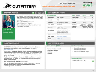SPEAKER PROFILE
• In 2012 Julia Bösch together with her co-founder Anna
Alex launched OUTFITTERY with the vision to create
a shopping experience for men that is convenient, fun
and inspiring
• Prior to OUTFITTERY Julia lead the
internationalization of Zalando
• She studied at Columbia Business School in New
York, Munich and Madrid
KEY COMPANY FACTS
91
ONLINE FASHION
Online Personal Shopping Service for Men
COMPANY PROFILE OUTFITTERY @ NOAH
• OUTFITTERY makes it easier for men to shop for fashion online. Customers
simply answer a few questions about their clothing style and sizes at
www.outfittery.com
• OUTFITTERY’s stylists then personally contact them and put together individual
outfits which are conveniently shipped to their homes. The customers then keep
whatever they like and send the rest back. OUTFITTERY offers this innovative
service free of charge
• The Berlin-based company was founded in 2012 by Julia Bösch and Anna Alex
and now employs 300 people. 150 stylists are solely dedicated to the fashion
desires of their customers
• More than 500.000 men have used OUTFITTERY
• Over 100 high-quality fashion brands are on offer. The company is currently
active in Germany, Austria, Switzerland, the Netherlands, Belgium,
Luxembourg, Sweden and Denmark.
Doing Business @ NOAH
Traffic Apr-17 Apr-18
Unique Users 9k 33k
Visits 18k 69k
Minutes 01:55 02:09
Sessions
Mobile: 9%
Desktop: 91%
Mobile: 41%
Desktop: 59%
Apr 2018
Sources
Direct: 37%, Search: 53%,
Referrals: 1%, Other: 9%
Key Corporate Facts
Headquarters Berlin, Germany
Founded 2012
Employees 300 (including 150 stylists)
Active Markets International
Ownership Private – VCs
Key Investors
Highland Capital Partners,
Holtzbrinck Ventures, Mangrove
Capital Partners, Northzone
Capital, Octopus Ventures
Funding €50m
NOAH Content OUTFITTERY at NOAH
Website outfittery.com
Main Presentation Topics
Attendees @ NOAH
Julia Bösch, Founder & MD
1. Curated Shopping Market
2. Men's Shopping Insights
3. OUTFITTERY Business Model
Julia Bösch
Founder & CEO
Service Providers Interest
Ecommerce Services
Marketing
Analytics
 