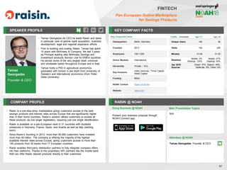 Tamaz
Georgadze
Founder & CEO
SPEAKER PROFILE
• Tamaz Georgadze As CEO he leads Raisin and takes
in particular care of partner bank acquisition, business
development, legal and regional expansion efforts
• Prior to building and scaling Raisin, Tamaz has spent
10 years with McKinsey & Company, the last 3 years
as Principal leading also McKinsey Savings and
Investment products Service Line for EMEA countries.
He served some of the very largest retail, universal
and wholesale banks throughout Europe and in Asia
• Tamaz holds a PhD in agricultural economics,
graduated with honors in law (both from University of
Giessen) and international economics (from Tbilisi
State University)
KEY COMPANY FACTS
97
FINTECH
Pan-European Online Marketplace
for Savings Products
COMPANY PROFILE RAISIN @ NOAH
• Raisin is a one-stop-shop marketplace giving customers access to the best
savings products and interest rates across Europe that are significantly higher
than in their home countries. Raisin’s solution allows customers to access all
these products via one single registration, requiring just one single identification.
• Raisin is available on a pan-European level in 31 countries with localized
presences in Germany, France, Spain, and Austria as well as Italy (starting
soon)
• Since Raisin’s founding in 2013, more than 90,000 customers have invested
more than €4 billion. The company is offering the majority of the highest
available interest rates across Europe, giving customers access to more than
140 products from 35 banks from 17 European countries
• Raisin enables third-party distribution partners to fully integrate company offers
into their platforms. Thanks to the proprietary API, partners like the mobile bank
N26 can offer Raisin deposit products directly to their customers
Traffic Apr-17 Apr-18
Unique Users <5k 9k
Visits 10k 24k
Minutes 01:29 01:53
Sessions
Mobile: 0%
Desktop: 100%
Mobile: 47%
Desktop: 53%
Apr 2018
Sources
Direct: 37%, Search: 49%,
Referrals: 8%, Other: 6%
Doing Business @ NOAH Main Presentation Topics
Attendees @ NOAH
Tamaz Georgadze, Founder & CEO
N/A
Key Corporate Facts
Headquarters Berlin, Germany
Founded 2013
Employees 100-1,000
Active Markets International
Ownership Private – VCs
Key Investors
Index Ventures, Thrive Capital,
Ribbit Capital
Funding €60m
NOAH Content Raisin at NOAH
Website raisin.com
Present your business proposal through
NOAH Connect app
 