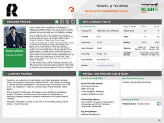 Robbie Antonio
Founder & CEO
SPEAKER PROFILE
• Antonio currently has 82m square feet worth of developed, in-
progress, and managed properties under his belt, being the Founder
and President of Antonio Development, Managing Director of Century
Properties, and now the Founder and CEO of Revolution Precrafted
• Under his leadership, Revolution Precrafted has clinched around
$7.2bn in project revenues for the company’s ongoing projects in the
Philippines, Myanmar, United Arab Emirates, Jamaica, Guyana,
Bahamas, Trinidad and Tobago, Puerto Rico and Japan
• To date, he has worked with 13 Pritzker Prize Architects/firms such as
Zaha Hadid, Philip Johnson Alan Ritchie, Rem Koolhaas, Jean
Nouvel, I.M. Pei, Paulo Mendes da Rocha, and Christian de
Portzamaprc, as well as designers such as Ron Arad, Campana
Brothers, Tom Dixon, Philippe Starck, and Marcel Wanders. He has
worked with over 103 notable brands in various fields—including
fashion, Hollywood, luxury, design, and art. He has established the
largest number of luxury branded real estate developments across the
globe, by working with Giorgio Armani for Armani Casa, Forbes
Media, Versace, Missoni Home, Paris Hilton, Lenny Kravitz and
Wallpaper* Magazine
• He is the youngest person in Forbes’ “Philippines’ 50 Richest.” This
year, he was cited by BuiltWorlds in its 2018 Mavericks Report as one
of “25 Pioneers Who’ve Transformed the Built Industry.” In May 2018,
he was named “Real Estate Personality of the Year” by PropertyGuru.
KEY COMPANY FACTS
99
TRAVEL & TOURISM
Designer of Prefabricated Homes
COMPANY PROFILE REVOLUTION PRECRAFTED @ NOAH
• Revolution is a collection of limited edition, pre-crafted properties, including
homes and pavilions, introduced by Robbie Antonio, who is known for bringing
in celebrity-branded developments. The project unites over seventy (70) of the
world’s top designers to create an exclusive series of prefabricated, livable
spaces
• With a network of cutting-edge technologies and cost-efficient productions
systems, Revolution is democratizing high-design and architecture by
introducing designed spaces in exclusive collaboration with industry leading
creatives
• Revolution Precrafted is valued at over $1B. It is the fastest growing unicorn
startup in South East Asia
Doing Business @ NOAH
Traffic Apr-17 Apr-18
Unique Users 6k 7k
Visits 11k 21k
Minutes 03:28 01:25
Sessions
Mobile: 0%
Desktop: 100%
Mobile: 60%
Desktop: 40%
Apr 2018
Sources
Direct: 20%, Search: 72%,
Referrals: 4%, Other: 4%
Main Presentation Topics
Attendees @ NOAH
Robbie Antonio, Founder & CEO
Fireside chat with Marco Rodzynek
Key Corporate Facts
Headquarters Makati City, Manila, Philippines
Founded 2015
Employees 51-100
Active Markets Global
Ownership Private – VCs
Key Investors 500 Startups, K2
Website revolutionprecrafted.com
Service Provider Interest
Ecommerce Services
Offline Services
Communications, Marketing
Analytics & Digital Services
Partnerships Interest
VCs, Unicorn Companies, Forbes-listers
(Companies and CEOs), Disruptors,
Landowners, Developers
Key Hires Interest
Business Development
 