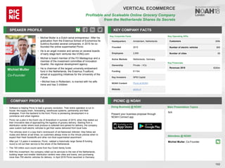 Michiel Muller
Co-Founder
SPEAKER PROFILE
• Michiel Muller is a Dutch serial entrepreneur. After his
graduation from the Erasmus School of Economics he
build/co-founded several companies; in 2015 he co-
founded the online supermarket Picnic
• He is an angel investor and serves on several boards
of early stage tech ventures like VONQ.com
• Michiel is board member of the FD Mediagroup and a
member of the investment committee of Innovation
Quarter, the regional development agency
• He is chairman of the largest university endowment
fund in the Netherlands, the Erasmus Trustfund,
aimed at supporting initiatives for the University of the
Future
• • Michiel lives in Rotterdam, is married with his wife
Irene and has 3 children
KEY COMPANY FACTS
102
VERTICAL ECOMMERCE
Profitable and Scaleable Online Grocery Company
from the Netherlands Shares its Secrets
COMPANY PROFILE PICNIC @ NOAH
• Software is helping Picnic to lead a grocery revolution. Their entire operation is run in-
house: the supply-chain, forecasting, warehouse systems, partnership and fleet
strategies. From the backend to the front, Picnic is pioneering development in e-
commerce and urban logistics
• Picnic ran a pilot in the Dutch city of Amersfoort in summer of 2015, when they tested out
their innovative idea of approaching the logistics of grocery delivery. Starting from a
distribution center where local produce is collected and parsed for delivery, the company
uses custom built electric vehicles to get their wares delivered from local hubs
• The vehicles work in a way that’s reminiscent of old-fashioned milkmen: they follow set
routes and deliver at set times, so customers always know on the minute precise when to
expect their fresh foodstuffs and other non-food supermarket assortment
• After just 1.5 years in existence, Picnic nabbed a historically large Series B funding
round to roll out their service to the whole of the Netherlands
• The 100 million euro round came from four Dutch family funds
• With this investment, the company rolled out its services to the rest of the Netherlands,
building larger and smaller distribution centers near cities and towns, and purchasing
more than 700 electric vehicles for delivery. In April 2018 Picnic launched in Germany
Key Corporate Facts
Headquarters Amsterdam, Netherlands
Founded 2015
Employees 2,500
Active Markets Netherlands, Germany
Ownership Private – VCs
Funding €115m
Key Investors NPM Capital
NOAH Content Picnic at NOAH
Website picnic.nl
Doing Business @ NOAH Main Presentation Topics
Attendees @ NOAH
Michiel Muller, Co-Founder
N/A
Present your business proposal through
NOAH Connect app
Key Operating KPIs
Customers 200k
Number of electric vehicles 800
Number of cities 65
Key Financials
Revenues 2018 €200m
 