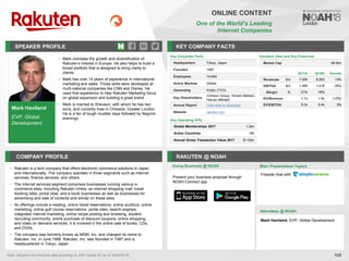 Mark Haviland
EVP, Global
Development
SPEAKER PROFILE
• Mark oversees the growth and diversification of
Rakuten’s interest in Europe. He also helps to build a
broad portfolio that is designed to bring clarity to
clients
• Mark has over 14 years of experience in international
marketing and sales. Those skills were developed at
multi-national companies like CNN and Disney. He
used that experience to help Rakuten Marketing focus
on global expansion and building a great brand
• Mark is married to Shevaun, with whom he has two
sons, and currently lives in Chiswick, Greater London.
He is a fan of tough mudder days followed by Negroni
evenings
KEY COMPANY FACTS
108
ONLINE CONTENT
One of the World’s Leading
Internet Companies
COMPANY PROFILE RAKUTEN @ NOAH
• Rakuten is a tech company that offers electronic commerce solutions in Japan
and internationally. The company operates in three segments such as internet
services, finance services, and others
• The internet services segment comprises businesses running various e-
commerce sites, including Rakuten Ichiba, an internet shopping mall; travel
booking sites; portal sites; and e-book businesses as well as businesses for
advertising and sale of contents and similar on these sites.
• Its offerings include e-reading, online travel reservations, online auctions, online
marketing, online golf course reservations, portal sites, search engines,
integrated internet marketing, online recipe posting and browsing, student
recruiting community, online purchase of discount coupons, online shopping,
and video on demand services. It is involved in the online sale of books, CDs,
and DVDs.
• The company was formerly known as MDM, Inc. and changed its name to
Rakuten, Inc. in June 1999. Rakuten, Inc. was founded in 1997 and is
headquartered in Tokyo, Japan
Valuation Data and Key Financials
Market Cap €8.9bn
Doing Business @ NOAH Main Presentation Topics
Attendees @ NOAH
Fireside chat with
Key Corporate Facts
Headquarters Tokyo, Japan
Founded 1997
Employees 14,845
Active Markets Global
Ownership Public (TYO)
Key Shareholders
Crimson Group, Hiroshi Mikitani,
Haruko Mikitani
Annual Report Click here to download
Website rakuten.com
Key Operating KPIs
Global Memberships 2017 1.2bn
Active Countries 190
Annual Gross Transaction Value 2017 $115bn
Mark Haviland, EVP, Global Development
Note: Valuation and financial data according to S&P Capital IQ (as of 25/09/2018).
2017A 2018E Growth
Revenues €m 7,054 8,053 14%
EBITDA €m 1,495 1,418 (5%)
Margin % 21% 18%
EV/Revenue 1.7x 1.5x (12%)
EV/EBITDA 8.0x 8.4x 5%
Present your business proposal through
NOAH Connect app
 