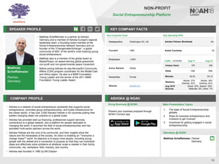 SPEAKER PROFILE
• Matthias Scheffelmeier is a partner at Ashoka
Germany and a member of Ashoka Europe's regional
leadership team, a founding board member at the
Social Entrepreneurship Network Germany and co-
founder of the "ChangemakerXchange", a global
community of 500+ of the world's most inspiring young
social entrepreneurs
• Matthias also is a member of the global board at
MasterPeace, an award-winning global grassroots
non-profit and non-governmental peace movement
• Before joining Ashoka he was Microsoft's Community
Affairs (CSR) program coordinator for the Middle East
and Africa region. He also is a BMW Foundation
Young Leader and the winner of the 2011 BMW
Foundation Young Leader Award
KEY COMPANY FACTS
13
NON-PROFIT
Social Entrepreneurship Platform
COMPANY PROFILE ASHOKA @ NOAH
• Ashoka is a network of social entrepreneurs worldwide that supports social
entrepreneurs, promotes group entrepreneurship, and builds infrastructure for
the citizen sector. It has over 3,000 Ashoka Fellows in 93 countries putting their
system changing ideas into practice on a global scale
• Ashoka has provided start-up financing, professional support services,
connections to a global network, and a platform for people dedicated to
changing the world. It launched the field of social entrepreneurship and has
activated multi-sector partners across the world.
• Ashoka Fellows are the core of its community, and their insights show the
nature and the necessities of the society. Its vision is enabling an ""everyone a
change maker"" world. Its objective is to equip more people, including young
people with the skillset and a connection to purpose so that they can contribute
ideas and effectively solve problems at whatever scale is needed in their family,
community, city, workplace, field, industry, and country
• Ashoka was founded in 1980 by Bill Drayton
Doing Business @ NOAH
Key Corporate Facts
Headquarters Washington DC, US
Founded 1980
Employees 1,000+
Active Markets Global
Ownership Private
Website ashoka.org
Main Presentation Topics
Attendees @ NOAH
Matthias Scheffelmeier, Partner
Germany
1. The state of Social Entrepreneurship
globally
2. Ways for business entrepreneurs and
investors to get involved
3. Incentives for getting engaged in social
entrepreneurship
Matthias
Scheffelmeier
Partner,
Germany
Present your business proposal through
NOAH Connect app
Key Operating KPIs
Ashoka Fellows Worldwide 3k+
Active Countries 93
Traffic Aug-17 Aug-18
Unique Users 57k 63k
Visits 134k 156k
Minutes 02:32 03:12
Sessions
Mobile: 37%
Desktop: 63%
Mobile: 38%
Desktop: 62%
Aug 2018
Sources
Direct: 32%, Search: 53%,
Referrals: 8%, Other: 7%
 