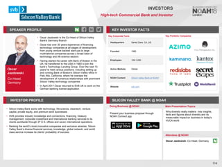 Oscar
Jazdowski
Co-Head,
Germany
SPEAKER PROFILE
• Oscar Jazdowski is the Co-Head of Silicon Valley
Bank's Germany Branch
• Oscar has over 30 years experience of financing
technology companies at all stages of development,
from young venture-backed start-ups to large
multinational companies across a broad base of
technology and life science sectors
• Having started his career with Bank of Boston in the
UK, he transferred to the USA in 1983 to join the
bank’s Technology Lending Group. Over the next 13
years he held various positions, including setting up
and running Bank of Boston’s Silicon Valley office in
Palo Alto, California, where he oversaw the
development of numerous relationships with prominent
Silicon Valley technology companies
• In April 2017 Oscar returned to SVB UK to work on the
German banking license application
KEY INVESTOR FACTS
114
INVESTORS
High-tech Commercial Bank and Investor
INVESTOR PROFILE SILICON VALLEY BANK @ NOAH
• Silicon Valley Bank works with technology, life science, cleantech, venture
capital, private equity, and premium wine businesses
• SVB provides industry knowledge and connections, financing, treasury
management, corporate investment and international banking services to its
clients worldwide through 27 U.S. offices and seven international operations
• Banking the world’s most innovative companies and exclusive wineries, Silicon
Valley Bank’s diverse financial services, knowledge, global network, and world
class service increase its clients’ probability of success
Doing Business @ NOAH Main Presentation Topics
Attendees @ NOAH
Oscar Jazdowski, Co-Head, Germany
Key Portfolio Companies
Key Corporate Facts
Headquarters Santa Clara, CA, US
Founded 1983
Employees 100-1,000
Active Markets Global
NOAH Content Silicon Valley Bank at NOAH
Website svb.com
Present your business proposal through
NOAH Connect app
Why diversity really matters - key insights,
facts and figures about diversity and its
measurable impact on business in today's
VUCA world
 