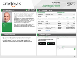 Igal Rotem
CEO
SPEAKER PROFILE
• Igal is a seasoned serial high-tech entrepreneur and
executive. Prior to joining Credorax, he co-founded
PowerDsine (NASDAQ: PDSN), serving as the
company's CEO and as a member of its Board of
Directors
• At PowerDsine, Igal pioneered Power over Ethernet
(PoE) technology, taking the company from start-up to
global leader in its field. In October 2006, Igal led the
acquisition of PowerDsine by Microsemi Corp
(NASDAQ:MSCC) for over $250 million
• Before his time at PowerDsine, Igal served as CEO of
Butterfly Communications, a leader in Bluetooth
Semiconductors (later acquired by Texas Instruments)
KEY COMPANY FACTS
32
COMPANY PROFILE CREDORAX @ NOAH
• We are a licensed Merchant Acquiring Bank providing cross-border Smart
Acquiring services to global merchants and payment service providers
• Remaining true to our hi-tech roots and focus, we are creating the next
generation of technology-driven banking solutions for the ecommerce arena
Doing Business @ NOAH
Key Corporate Facts
Headquarters Southborough, MA, US
Founded 2008
Employees 100-1,000
Active Markets Global
Ownership Private – VCs
Funding $95m
Key Investors
ATW Partners, FTV Capital,
Blumberg Capital
Website credorax.com
Main Presentation Topics
Attendees @ NOAH
Igal Rotem, CEO
N/A
PAYMENTS
Online Payment Processing
and Acquiring Bank Services
Present your business proposal through
NOAH Connect app
Key Operating KPIs
Customers 15k+
Traffic Aug-17 Aug-18
Unique Users <5k 6k
Visits 11k 15k
Minutes 11:55 03:35
Sessions
Mobile: -
Desktop: 100%
Mobile: 25%
Desktop: 75%
Aug 2018
Sources
Direct: 68%, Search: 20%,
Referrals: 2%, Other: 10%
 