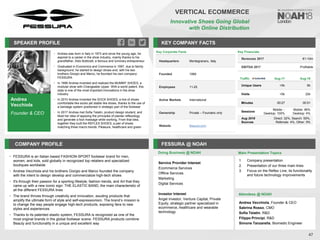 Andrea
Vecchiola
Founder & CEO
SPEAKER PROFILE
• Andrea was born in Italy in 1973 and since the young age, he
aspired to a career in the shoe industry, mainly thanks to his
grandfather, Aldo Botticelli, a famous and luminary entrepreneur
• Graduated in Economics and Commerce in 1997, due to family
background, he started to design shoes and, with his two
brothers Giorgio and Marco, he founded his own company:
FESSURA
• In 1999 Andrea invented and realized the MUMMY SHOES, a
modular shoe with Changeable Upper. With a world patent, this
style is one of the most important innovations in the shoe
industry
• In 2010 Andrea Invented the SOCK SHOES, a line of shoes
comfortable like socks yet stable like shoes, thanks to the use of
a bandage system positioned in strategic part of the footwear
• In 2017 Andrea met Sofia Telatin, product design student, and
liked her idea of applying the principles of plantar reflexology
and generate a foot massage while working. From that idea,
together they built the REFLEX SHOES, a pair of shoes
matching three macro trends: Pleasure, healthcare and green
KEY COMPANY FACTS
47
VERTICAL ECOMMERCE
Innovative Shoes Going Global
with Online Distribution
COMPANY PROFILE FESSURA @ NOAH
• FESSURA is an Italian based FASHION-SPORT footwear brand for men,
women, and kids, sold globally in recognized top retailers and specialized
boutiques worldwide
• Andrea Vecchiola and his brothers Giorgio and Marco founded the company
with the intent to design develop and commercialize high-tech shoes
• It's through their passion for a sporting lifestyle, fashion trends, and Art that they
came up with a new iconic sign: THE ELASTIC BAND, the main characteristic of
all the different FESSURA lines
• The brand thrives through creativity and innovation, exuding products that
amplify the ultimate form of style and self-expressionism. The brand’s mission is
to change the way people engage high-tech products, exposing fans to new
styles and experiences
• Thanks to its patented elastic system, FESSURA is recognized as one of the
most original brands in the global footwear scene. FESSURA products combine
Beauty and functionality in a unique and excellent way
Doing Business @ NOAH
Traffic Aug-17 Aug-18
Unique Users <5k 6k
Visits <5k 22k
Minutes 00:27 00:51
Sessions
Mobile: -
Desktop: 100%
Mobile: 96%
Desktop: 4%
Aug 2018
Sources
Direct: 32%, Search: 55%,
Referrals: 4%, Other: 9%
Key Corporate Facts
Headquarters Montegranaro, Italy
Founded 1999
Employees 11-25
Active Markets International
Ownership Private – Founders only
Website fessura.com
Main Presentation Topics
Attendees @ NOAH
Andrea Vecchiola, Founder & CEO
Sabrina Rosso, CMO
Sofia Telatin, R&D
Filippo Principi, R&D
Simone Tanzarella, Biomedic Engineer
1. Company presentation
2. Presentation of our three main lines
3. Focus on the Reflex Line, its functionality
and future technology improvements
Service Provider Interest
Ecommerce Services
Offline Services
Marketing
Digital Services
Investor Interest
Angel investor, Venture Capital, Private
Equity, strategic partner specialized in
ecommerce, healthcare and wearable
technology
Key Financials
Revenues 2017 €1-10m
EBITDA 2017 Profitable
 