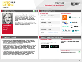 Annemie Ress
Managing
Director
SPEAKER PROFILE
• Annemie is co-leading strategic and commercial
direction of the Innovation Hub, which includes
deciding on investment in over 50 start-ups, driving
customer, commercial and people growth with a
specific focus on disruptive digital, the machine
economy, cyber security and smart and connected
ventures
• As Managing Director of innogy UK Ltd, Annemie
seeks to source new investment opportunities as well
as grow the existing start-up portfolio
KEY INVESTOR FACTS
59
INVESTORS
Investment Arm of innogy SE
INVESTOR PROFILE INNOGY INNOVATION HUB @ NOAH
• innogy Innovation Hub believes that new technologies, business models and
consumption patterns will redefine the energy market of the future. We believe
this future will be driven by four core global trends; decarbonisation,
decentralisation, digitisation and democratisation
• innogy Innovation Hub’s mission is to drive this vision for the future of energy by
being a sector disruptor: by identifying the game-changing technologies, ideas,
individuals and businesses that will help build that future, wherever they are,
providing funding, mentoring and a platform for co-creation, collaboration and
convergence
• The innogy Innovation Hub has created a €150m portfolio through investing in
disruptive individuals, start-ups and early stage businesses and provided
opportunities for 80+ start-up and scale-up companies to collaborate. It has
innovation teams in Silicon Valley, Tel Aviv, London and Berlin
Doing Business @ NOAH Main Presentation Topics
Attendees @ NOAH
Annemie Ress, Managing Director
Participating in the Female Power Investor
Panel
Key Portfolio Companies
Key Corporate Facts
Headquarters Essen, Germany
Founded 2014
Portfolio Size €150m
Employees 100-1,000
Active Markets Global
Website innovationhub.innogy.com
Present your business proposal through
NOAH Connect app
 