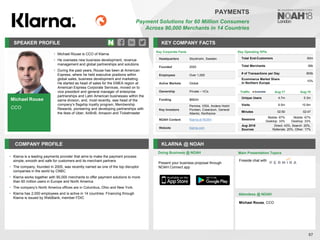SPEAKER PROFILE
• Michael Rouse is CCO of Klarna
• He oversees new business development, revenue
management and global partnerships and solutions
• During the past years, Rouse has been at American
Express, where he held executive positions within
global sales, business development and marketing.
He started as head of sales for the EMEA region at
American Express Corporate Services, moved on to
vice president and general manager of enterprise
partnerships and Latin American businesses within the
same division, and, most recently, was head of the
company’s flagship loyalty program, Membership
Rewards, pioneering and developing partnerships with
the likes of Uber, AirBnB, Amazon and Ticketmaster
KEY COMPANY FACTS
67
PAYMENTS
Payment Solutions for 60 Million Consumers
Across 90,000 Merchants in 14 Countries
COMPANY PROFILE KLARNA @ NOAH
• Klarna is a leading payments provider that aims to make the payment process
simple, smooth and safe for customers and its merchant partners
• The company, founded in 2005, was recently named as one of the top disruptor
companies in the world by CNBC
• Klarna works together with 90,000 merchants to offer payment solutions to more
than 60 million users in Europe and North America
• The company’s North America offices are in Columbus, Ohio and New York.
• Klarna has 2,000 employees and is active in 14 countries. Financing through
Klarna is issued by WebBank, member FDIC
Doing Business @ NOAH Main Presentation Topics
Attendees @ NOAH
Michael Rouse, CCO
Fireside chat with
Present your business proposal through
NOAH Connect app
Michael Rouse
CCO
Key Corporate Facts
Headquarters Stockholm, Sweden
Founded 2005
Employees Over 1,000
Active Markets Global
Ownership Private – VCs
Funding $662m
Key Investors
Permira, VISA, Anders Holch
Povlsen, Creandum, General
Atlantic, Northzone
NOAH Content Klarna at NOAH
Website klarna.com
Traffic Aug-17 Aug-18
Unique Users 4.7m 5.3m
Visits 9.5m 10.9m
Minutes 02:50 02:47
Sessions
Mobile: 67%
Desktop: 33%
Mobile: 67%
Desktop: 33%
Aug 2018
Sources
Direct: 43%, Search: 20%,
Referrals: 20%, Other: 17%
Key Operating KPIs
Total End-Customers 60m
Total Merchants 90k
# of Transactions per Day 800k
Ecommerce Market Share
in Northern Europe
10%
 