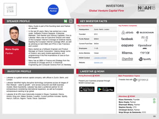 Manu Gupta
Partner
SPEAKER PROFILE
• Manu Gupta is part of the founding team and Partner
at Lakestar
• In the last 20 years, Manu has worked as a Java
coder, Software Product Designer, Enterprise
Marketer, Tech Banker and Venture Capitalist. Prior to
Lakestar, Manu was an Executive Director and Head
of the European Internet Coverage at Goldman Sachs,
heading the European Internet coverage effort, as well
as advising on tech M&A and IPOs in San Francisco
and London
• Manu started as a Software Engineer and Product
Manager at Oracle Corporation, helping design some
of Oracle’s very early mobile applications, and
programming in the first incarnations of Java at Sun
Microsystems
• Manu has an MBA in Finance and Strategy from the
University of Chicago and B.S. in Electrical
Engineering and Computer Science from UC Berkeley
69
INVESTORS
Global Venture Capital Firm
INVESTOR PROFILE
• Lakestar is a global venture capital company, with offices in Zurich, Berlin, and
London
• Lakestar identified highly disruptive technology companies across all stages of
their lifestyle – seed to growth – and across consumer and B2B business
models. Most importantly, Lakestar has been a preferred partner for US
entrepreneurs considering international expansion, as well as European
entrepreneurs wanting to go global
• Lakestar & its GPs have historically invested in Skype, Facebook, Klarna,
Airbnb, King.com, Maker Studios, Lovefilm. Current portfolio includes: Spotify,
Harry’s, GoEuro, Algomi, Taulia, Oscar, Opendoor
Premium
Partner
KEY INVESTOR FACTS
LAKESTAR @ NOAH
Doing Business @ NOAH Main Presentation Topics
Attendees @ NOAH
Fireside chat with
Key Portfolio Companies
Present your business proposal through
NOAH Connect app
Klaus Hommels, Founder
Manu Gupta, Partner
Dharmash Mistry, Partner
Stephen Nundy, CTO
Christoph Schuh, Partner
Ninja Struye de Swielande, CCO
Key Corporate Facts
Headquarters Zurich, Berlin, London
Founded 2012
Funds Raised $550m
Current Fund Size $400m
Employees 11-25
Active Markets Global
NOAH Content Lakestar at NOAH
Website lakestar.com
 