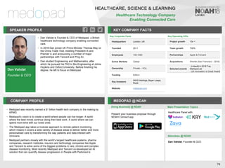 Dan Vahdat
Founder & CEO
SPEAKER PROFILE
• Dan Vahdat is Founder & CEO of Medopad, a British
healthcare technology company enabling connected
care.
• In 2018 Dan joined UK Prime Minister Theresa May on
the China Trade Visit, meeting President Xi and
Premier Li and announcing a number of major
partnerships with Tencent and Ping An.
• Dan studied Engineering and Mathematics, after
which he pursued his PhD in Bio-Engineering at Johns
Hopkins and Oxford University. Before finishing his
degree, he left to focus on Medopad.
KEY COMPANY FACTS
79
HEALTHCARE, SCIENCE & LEARNING
Healthcare Technology Company
Enabling Connected Care
COMPANY PROFILE MEDOPAD @ NOAH
• Medopad was recently named a $1 billion health tech company in the making by
KPMG
• Medopad’s vision is to create a world where people can live longer. A world
where the best minds continue doing their best work. A world where we can
spend more time with our loved ones
• The Medopad app takes a modular approach to remote patient monitoring
which means it covers a wide variety of disease areas to deliver better and more
personalised care by transforming the way patients and data interact with
clinicians
• Medopad partners closely with the world’s largest healthcare systems, pharma
companies, research institutes, insurers and technology companies like Apple
and Tencent to solve some of the biggest problems in rare, chronic and complex
disease monitoring. Most recently Medopad and Tencent co-developed an AI
solution that can quantify disease progression in People with Parkinson’s
Doing Business @ NOAH
Present your business proposal through
NOAH Connect app
Main Presentation Topics
Attendees @ NOAH
Dan Vahdat, Founder & CEO
Healthcare Panel with
Key Corporate Facts
Headquarters London, UK
Founded 2011
Employees 100-1000
Active Markets Global
Ownership Private – VCs
Funding $35m+
Key Investors
NWS Holdings, Bayer Leaps,
Bupa
Website medopad.com
Key Operating KPIs
Project growth 10x +
Team growth 730%
Partnerships Apple & Tencent
Acquisitions Sherbit (San Francisco - 2018)
Selected awards
- LinkedIn’s 2018 Top
Startups List
- UK Innovation is Great Award
 