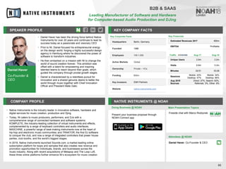 Daniel Haver
Co-Founder &
CEO
SPEAKER PROFILE
• Daniel Haver has been the driving force behind Native
Instruments for over 20 years and continues to lead its
success today as a passionate and visionary CEO
• Prior to NI, Daniel focused his entrepreneurial energy
on the design world, forging a highly successful design
agency in Hamburg where he discovered the power of
software to transform industries
• He then embarked on a mission with NI to change the
world of sound creation forever. This ambition was
offset with a talent for empowering and inspiring
talented teams to reach beyond their goals, which
guided the company through pivotal growth stages
• Daniel is characterized by a relentless pursuit for
innovation and a shared genuine desire to better the
world through music together with Chief Innovation
Officer and President Mate Galic
KEY COMPANY FACTS
86
B2B & SAAS
Leading Manufacturer of Software and Hardware
for Computer-based Audio Production and DJing
COMPANY PROFILE NATIVE INSTRUMENTS @ NOAH
• Native Instruments is the industry leader in innovative software, hardware and
digital services for music creation, production and Djing
• Today, NI caters to music producers, performers, and DJs with a
comprehensive range of connected hardware and software systems:
KOMPLETE, the industry-leading collection of virtual instruments and effects,
complemented by a range of keyboard controllers and audio interfaces;
MASCHINE, a powerful range of beat-making instruments now at the heart of
hip-hop and electronic music communities; and TRAKTOR, the first DJ software
to conquer the club, and now a range of integrated controllers that power house
parties, club booths, and the world’s biggest stages.
• In 2018, Native Instruments launched Sounds.com, a market-leading online
subscription platform for loops and samples that also creates new revenue and
promotion opportunities for individuals, brands, and businesses across the
music industry. Along with recent acquisitions of Metapop and The Loop Loft,
these three online platforms further enhance NI’s ecosystem for music creation
Doing Business @ NOAH
Key Corporate Facts
Headquarters Berlin, Germany
Founded 1996
Employees 100-1,000
Active Markets Global
Ownership Private – VCs
Funding €50m
Key Investors EMH Partners
Website native-instruments.com
Present your business proposal through
NOAH Connect app
Main Presentation Topics
Attendees @ NOAH
Daniel Haver, Co-Founder & CEO
Fireside chat with Marco Rodzynek
Key Financials
Estimated Revenues 2017 €80m
EBITDA Profitable
Traffic Aug-17 Aug-18
Unique Users 2.9m 2.2m
Visits 6.8m 5.3m
Minutes 02:51 03:28
Sessions
Mobile: 43%
Desktop: 57%
Mobile: 34%
Desktop: 66%
Aug 2018
Sources
Direct: 27%, Search: 62%,
Referrals: 3%, Other: 8%
 