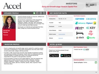 Sonali de
Rycker
Partner
SPEAKER PROFILE
• Sonali De Rycker focuses on consumer, software and
financial services businesses
• She led Accel’s investments in Avito (acquired by
Naspers), Lyst, Spotify, Wallapop, KupiVIP,
Calastone, Catawiki, JobToday, Shift Technology,
SilverRail (acquired by Expedia)​, Kry and Soldo. Prior
to Accel, Sonali was with Atlas Ventures
• Sonali grew up in Mumbai and graduated from Bryn
Mawr College and Harvard Business School
KEY INVESTOR FACTS
11
INVESTORS
Early and Growth-stage Venture Capital Firm
INVESTOR PROFILE ACCEL @ NOAH
• Accel is a leading early and growth-stage venture capital firm, powering a global
community of entrepreneurs. Accel backs entrepreneurs who have what it takes
to build a world-class, category defining business
• Founded in 1983, Accel brings more than three decades of experience building
and supporting hundreds of companies. Accel's vision for entrepreneurship and
business enables it to identify and invest in the companies that will be
responsible for the growth of next-generation industries
• Accel has backed a number of iconic global platforms, which are powering new
experiences for mobile consumers and the modern enterprise, including
Atlassian, BlaBlaCar, Dropbox, Funding Circle, Etsy, Facebook, Flipkart,
Funding Circle, Kayak, QlikTech, Simplivity, Spotify, Slack, Supercell, World
Remit and others
Doing Business @ NOAH Main Presentation Topics
Attendees @ NOAH
Sonali de Rycker, Partner
Fireside chat with
Key Portfolio Companies
Key Corporate Facts
Headquarters Palo Alto, CA, US
Founded 1983
Employees 51-100
Active Markets Global
NOAH Content Accel at NOAH
Website accel.com
Present your business proposal through
NOAH Connect app
 