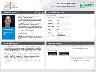 Yair Goldfinger
Co-Founder &
CEO
SPEAKER PROFILE
▪ Yair Goldfinger is the Co-Founder and CEO of
AppCard, a loyalty 3.0 platform.
▪ Previously, he co-founded and was CTO of Dotomi,
an on-line advertising company which focuses on
creating personal, relevant and timely one-to-one
messaging between marketers and their customers;
Dotomi was acquired by ValueClick at 2011.
▪ At 26, Goldfinger co-founded ICQ, the world's first
Internet-wide instant messaging service, which was
acquired by AOL in 1998. He holds several patents
in the area of instant messaging.
▪ Goldfinger is an active investor in several Israeli
start-up companies
▪ Goldfinger holds a BA in Math and Computer
Science from Tel Aviv University and was granted
the Wharton Infosys Business Transformation Award
in 2005
KEY COMPANY FACTS
20
DIGITAL & ADTECH
Data-Driven Marketing Platform
COMPANY PROFILE APPCARD @ NOAH
▪ AppCard™ is a next-generation customer loyalty platform that is changing the
way brick-and-mortar stores communicate with their customers. The platform
provides merchants with effective tools to raise profits and increase customer
retention: a five-tier loyalty platform, a deep analytics engine, rewards, and
personalized offers
▪ With AppCard, launching a loyalty program is easy and intuitive. The setup
requires no integration with the merchant's POS and takes less than 20
minutes. The AppCard smartphone and Web-based applications increase
stickiness, making offers more visible to customers and driving more
customers into a merchant’s store again and again.
▪ AppCard is changing the way brick-and-mortar stores acquire and retain their
customers
Doing Business @ NOAH
Key Corporate Facts
Headquarters New York, NY, US
Founded 2011
Employees 11-50
Active Markets Global
Funding $27m
Ownership Private – VCs
Key Investors
Founders Fund,
Alexander Rittweger
Website appcard.com
Main Presentation Topics
Attendees @ NOAH
Yair Goldfinger, Co-Founder & CEO
Fireside chat with Marco Rodzynek
Present your business proposal through
NOAH Connect app
 