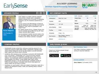 Avner Halperin
Co-Founder &
CEO
SPEAKER PROFILE
▪ Avner Halperin is a veteran high-tech executive
having served in several senior management
positions including CEO of Emmunet, VP Marketing
at Radcom, and VP of Business Development at
Lenslet
▪ He also worked as the R&D Manager at Eldat and
was the Department Head of an R&D Unit in the IDF
Intelligence Corps, where he participated in the
Talpiot Project
▪ Mr. Halperin earned a M.Sc. in Applied Physics from
Tel Aviv University and an MBA from the MIT Sloan
Fellows Executive MBA Program
▪ He has presented at several med tech events in the
U.S. and Israel. Halperin also serves as an Adjunct
Professor at the Hebrew University in Jerusalem
KEY COMPANY FACTS
33
AI & DEEP LEARNING
Develops Signal-Processing Technology
COMPANY PROFILE EARLYSENSE @ NOAH
▪ EarlySense® provides contact-free, continuous monitoring solutions for the
medical and consumer digital health markets. EarlySense's integrated sensor
utilizes Artificial Intelligence (AI) and big data analytics to provide actionable
health insights and improve clinical outcomes
▪ EarlySense offers clinically-proven technology to consumers with EarlySense®
Live™ and Percept™. EarlySense® Live™ is the first at-home consumer
health monitor powered by EarlySense's medically-proven sensor and AI
analytics. Live is particularly useful for tracking the health and sleep of the
aging population and children, to help facilitate better health choices.
EarlySense® Percept™ is the first clinically-proven contactless monitor for
fertility and period tracking. It accurately tracks internal body signals and
assists couples who are trying to conceive
▪ EarlySense Ltd. was founded in 2004 and is based in Ramat Gan, Israel with a
research and development facility in Israel; and marketing offices in Woburn,
Massachusetts
Doing Business @ NOAH
Traffic Jan-17 Jan-18
Unique Users <5k 12k
Visits 6k 40k
Minutes 02:22 01:08
Sessions
Mobile: 0%
Desktop: 100%
Mobile: 80%
Desktop: 20%
Jan 2018
Sources
Direct: 49%, Search: 34%,
Referrals: 14%, Other: 3%
Key Corporate Facts
Headquarters Ramat Gan, Israel
Founded 2004
Employees 100-1,000
Active Markets Global
Funding $106m
Ownership Private – VCs
Key Investors
Bank Hapoalim, Samsung
Ventures, Pitango
Website earlysense.com
Main Presentation Topics
Attendees @ NOAH
Avner Halperin, Co-Founder & CEO
From Data to Outcomes: Analytics and
sensing for improved healthcare
Present your business proposal through
NOAH Connect app
 