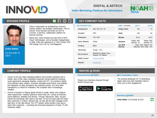 Zvika Netter
Co-Founder &
CEO
SPEAKER PROFILE
▪ Zvika is responsible for strengthening Innovid’s
industry position and strategic relationships. Prior to
Innovid, Zvika founded and acted as CEO of
Converit, a real-time, collaboration platform for
financial services
▪ Before that, Zvika founded and was CEO of NTR
Visual Technologies, and co-founded GarageGeeks.
In 2009, Zvika was selected as a "Tech Pioneer Who
Will Change Your Life" by Time Magazine
KEY COMPANY FACTS
45
DIGITAL & ADTECH
Video Marketing Platform for Advertisers
COMPANY PROFILE INNOVID @ NOAH
▪ Innovid is the only video marketing platform that provides marketers with a
holistic view of their video marketing investment across platforms including
social placements alongside desktop, mobile and OTT. Our solutions deliver
more effective video creative, improved campaign performance, and enables
the integration of video throughout the customer journey. At a time when
transparency is critical for marketers, this complete view is increasingly
valuable
▪ Innovid is focused on helping global brands to create, deliver and measure
video experiences, meeting customers where they are - across all channels,
social platforms, websites and devices. Through data-driven video, we give
brands the technology they need to use their 1st and 3rd party data and reach
their customers in a direct, relevant way. So they get the right message at the
right time, on the right device. Our OTT solution gives brands a new way to
reach their customers – combining the immersive experience of linear TV with
interactive digital
Doing Business @ NOAH
Traffic Jan-17 Jan-18
Unique Users 15m 7m
Visits 19m 8m
Minutes 00:16 00:21
Sessions
Mobile: 99%
Desktop: 1%
Mobile: 98%
Desktop: 2%
Jan 2018
Sources
Direct: 52%, Search: 2%,
Referrals: 36%, Other: 10%
Key Corporate Facts
Headquarters New York, NY, US
Founded 2007
Employees 100-1,000
Active Markets Global
Funding $65m
Ownership Private – VCs
Key Investors
NewSpring Capital, Cisco,
Sequoia, Dt Telekom
NOAH Content Innovid at NOAH
Website innovid.com
Main Presentation Topics
Attendees @ NOAH
Zvika Netter, Co-Founder & CEO
The evolving landscape for TV advertising,
digital video and what marketers need to
know now to drive engagement
Present your business proposal through
NOAH Connect app
 