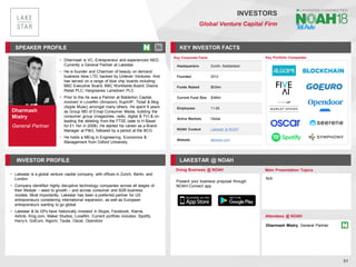 Dharmash
Mistry
General Partner
SPEAKER PROFILE
• Dharmash is VC, Entrepreneur and experienced NED.
Currently a General Partner at Lakestar
• He is founder and Chairman of beauty on demand
business blow LTD, backed by Unilever Ventures. And
has served on a range of blue chip boards including:
BBC Executive Board; BBC Worldwide Board; Dixons
Retail PLC; Hargreaves Lansdown PLC
• Prior to this he was a Partner at Balderton Capital,
involved in Lovefilm (Amazon), KupiVIP, Tictail & Mog
(Apple Music) amongst many others. He spent 8 years
as Group MD of Emap Consumer Media, building the
consumer group (magazines, radio, digital & TV) & co-
leading the delisting from the FTSE (sale to H Bauer
for £1.1bn in 2008). He started his career as a Brand
Manager at P&G, followed by a period at the BCG
• He holds a MEng in Engineering, Economics &
Management from Oxford University
KEY INVESTOR FACTS
51
INVESTORS
Global Venture Capital Firm
INVESTOR PROFILE LAKESTAR @ NOAH
• Lakestar is a global venture capital company, with offices in Zurich, Berlin, and
London
• Company identified highly disruptive technology companies across all stages of
their lifestyle – seed to growth – and across consumer and B2B business
models. Most importantly, Lakestar has been a preferred partner for US
entrepreneurs considering international expansion, as well as European
entrepreneurs wanting to go global
• Lakestar & its GPs have historically invested in Skype, Facebook, Klarna,
Airbnb, King.com, Maker Studios, Lovefilm. Current portfolio includes: Spotify,
Harry’s, GoEuro, Algomi, Taulia, Oscar, Opendoor
Doing Business @ NOAH Main Presentation Topics
Attendees @ NOAH
Dharmash Mistry, General Partner
Key Portfolio Companies
Key Corporate Facts
Headquarters Zurich, Switzerland
Founded 2012
Funds Raised $534m
Current Fund Size $385m
Employees 11-25
Active Markets Global
NOAH Content Lakestar at NOAH
Website lakestar.com
Present your business proposal through
NOAH Connect app
N/A
 