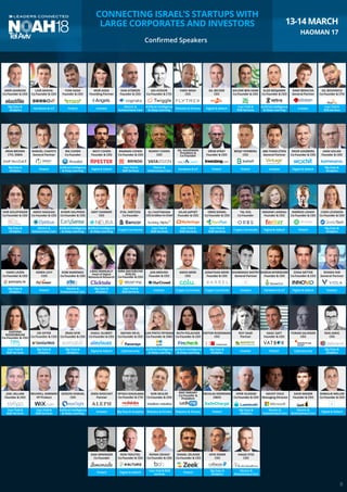 CONNECTING ISRAEL’S STARTUPS WITH
LARGE CORPORATES AND INVESTORS
Confirmed Speakers
13-14 MARCH
HAOMAN 17
SHMULIK WELLER
Co-Founder & CEO
MOTI COHEN
Founder & CEO
RONNY COHEN
CEO
OREN KANIEL
Co-Founder & CEO
TAL KOL
Co-Founder
KOBI MARENKO
Co-Founder & CEO
AMOS MEIRI
CEO
JON MEDVED
Founder & CEO
JONATHAN MEIRI
Founder & CEO
DHARMASH MISTRY
General Partner
RAN SARIG
CEO
YORAM SALINGER
CEO
VIKTOR ROSENMAN
CEO
ROY SAAR
Partner
ISAAC SAFT
Founder & CEO
AVNER HALPERIN
Co-Founder & CEO
AMIT HAMMER
CEO
AMIR AHARONI
Co-Founder & CEO
ABE FINKELSTEIN
General Partner
GIDEON SHMUEL
CEO
EDEN SHOCHAT
Partner
YIFTACHSHOOLMAN
Co-Founder & CTO
DOR SKULER
Co-Founder & CEO
RAFI SWEARY
Co-Founder &
President
SMADAR LANDAU
Founder & CEO
LIRAZ MARGALIT
Head of Digital
Behavioral Research
RUTH POLACHEK
Co-Founder & CEO
YARIV BASH
CEO
EYAL HERTZOG
Co-Founder
GIL BECKER
CEO
SHLOMI BEN HAIM
Co-Founder & CEO
RAANAN COHEN
Co-Founder & CEO
GIL DAVIDMAN
President &
Co-Founder
DAVE WAISER
Founder & CEO
NAVOT VOLK
Managing Director
ERAN BROWN
CTO, EMEA
GIL BOUHNICK
Co-Founder & CTO
RAMI BERACHA
General Partner
OFER VILENSKI
Co-Founder & CEO
RONNI ZEHAVI
Co-Founder & CEO
GILAD JAPHET
Founder & CEO
NIRA MAYORCHIK
SHELEG
Co-Founder & CEO
ELI HOFFMANN
CEO & Editor-in-Chief
AMOS HAGGIAG
Co-Founder & CEO
YAIR GOLDFINGER
Co-Founder & CEO
YANIV LEVEN
Co-Founder & CEO
MATAN OR-EL
Co-Founder & CEO
KEREN LEVY
COO
SHAUL OLMERT
Co-Founder & CEO
RON YEKUTIEL
Co-Founder & CEO
ERAN OFIR
Co-Founder & CEO
SHAI WININGER
Co-Founder
LIOR AKAVIA
Co-Founder & CEO
YONI ASSIA
Founder & CEO
MOR ASSIA
Founding Partner
DAN ATSMON
Founder & CEO
NICOLAS VEDRENNE
CBDO
ADI AVIDOR
Co-Founder & CTO
CHEN LEVANON
Co-Founder & CEO
NIMROD LEHAVI
Co-Founder & CEO
DORON MYERSDORF
Founder & CEO
ZVIKA NETTER
Co-Founder & CEO
LIHI PINTO FRYMAN
Co-Founder & CMO
SHMUEL CHAFETS
General Partner
DAPHNA
NISSENBAUM
Co-Founder & CEO
RONEN NIR
General Partner
OR OFFER
Co-Founder & CEO
REUVEN J. SHERWIN
VP Product
JOEL SELLAM
Founder & CEO
IRA COHEN
Co-Founder
DROR EFRAT
Founder & CEO
BENJY FEINBERG
CEO
DANI GOLAN
Founder & CEO
DROR GINZBERG
Co-Founder & CEO
ELAD BENJAMIN
Co-Founder & CEO
DANIEL ZELKIND
Co-Founder & CEO
OFIR ZEMER
CEO
User Paid &
B2B Services
User Paid &
B2B Services
Artificial Intelligence
& Deep Learning
Fintech Fintech
Big Data &
Analytics
Digital & Adtech
Digital & Adtech
Fintech
Hardware & IoT Digital & Adtech
Big Data &
Analytics
Cybersecurity
Big Data &
Analytics
Investor Fintech
Crypto Currencies
Digital & Adtech
User Paid &
B2B Services
User Paid &
B2B Services
Fintech
User Paid &
B2B Services
Cybersecurity
Electric &
Autonomous Cars
Electric &
Autonomous Cars
Hardware & IoT Fintech Investor
Electric &
Autonomous Cars
Fintech
Artificial Intelligence
& Deep Learning
Big Data &
Analytics
Electric &
Autonomous Cars
Big Data &
Analytics
Big Data &
Analytics
Fintech
User Paid &
B2B Services
Investor
Big Data &
Analytics
User Paid &
B2B Services
Crypto Currencies
Artificial Intelligence
& Deep Learning
Big Data &
Analytics
Big Data &
Analytics
Investor
Fintech
Hardware & IoT
User Paid &
B2B Services
Investor
Big Data &
Analytics
Artificial Intelligence
& Deep Learning
Investor Big Data & Analytics Robotics & Drones Robotics & Drones
Artificial Intelligence
& Deep Learning
Electric &
Autonomous Cars
User Paid &
B2B Services
User Paid &
B2B Services
User Paid & B2B
Services
Digital & Adtech
Robotics & Drones
Big Data &
Analytics
Artificial Intelligence
& Deep Learning
Artificial Intelligence
& Deep Learning
Digital & Adtech
Digital & Adtech
Big Data &
Analytics
Digital & Adtech
Electric &
Autonomous Cars
Crypto Currencies
Investor Crypto Currencies Investor
Artificial Intelligence
& Deep Learning
Fintech
Big Data &
Analytics
Electric &
Autonomous Cars
HAGAI ZYSS
CEO
8
 