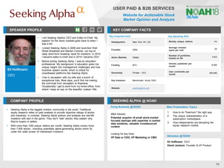 Eli Hoffmann
CEO
SPEAKER PROFILE
▪ I am Seeking Alpha's CEO and Editor-in-Chief. My
passion for the stock markets goes back to when I
was a kid
▪ I joined Seeking Alpha in 2006 and launched Wall
Street Breakfast and Market Currents, our top-of-
class short-form breaking news for investors. In 2010
I became editor-in-chief and in 2015 I became CEO
▪ Before joining Seeking Alpha, I was an education
professional. My background in education gives me
unique insight into management challenges and how
incentive system works, which is critical for
crowdbased platforms like Seeking Alpha
▪ I live in Jerusalem with my wife and a bunch of
exceptional kids. Most days, you'll find me making
the commute from Jerusalem to Raanana.
Occasionally I get to work from my home-office, from
where I keep an eye on the beautiful Judean Hills
KEY COMPANY FACTS
73
USER PAID & B2B SERVICES
Website for Actionable Stock
Market Opinion and Analysis
COMPANY PROFILE SEEKING ALPHA @ NOAH
▪ Seeking Alpha is the biggest investor community in the world. Traditional
equity research relies on paid analysts to provide objective ratings of stocks
and industries. In contrast, Seeking Alpha authors and analysts are real-life
investors with skin in the game. They don't "rate" stocks; they explain why
they're buyers or sellers
▪ With more than 10M unique visitors per month, Seeking Alpha covers more
than 7,000 stocks - including potentially alpha-generating stocks which fly
under the radar screen of mainstream investors
Doing Business @ NOAH
Key Corporate Facts
Headquarters New York, NY, US
Founded 2004
Active Markets Global
Funding $7m
Ownership Private – VCs
Key Investors Benchmark, Accel, DAG
Website seekingalpha.com
Main Presentation Topics
Attendees @ NOAH
Eli Hoffmann, CEO
David Jackson, Founder & VP Product
1. How to do "freemium" the right way
2. The unique characteristics of a
subscription marketplace
3. How independents are disrupting the
equity research market
M&A Interest:
Potential acquirer of small stock-market
focused startups with expertise in market
data solutions, valuable crowdsourced
content
Looking for key hires:
VP Data or CDO, VP Marketing or CMO
Key Operating KPIs
Monthy unique visitors 1m
Average minutes
spent per visit
20
Number of portfolios
hosted on SA
5.5m
Articles published per
month
8,000
User comments per
month
300,000
 