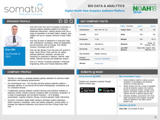 Eran Ofir
Co-Founder &
CEO
SPEAKER PROFILE
▪ Eran Ofir is the CEO and Co-Founder of Somatix, a
real-time gesture detection platform for effective
healthcare intervention, utilizing sensors built into a
range of wearables to remotely detect, analyze, gain
insights and act on massive volumes of body motion
data
▪ Eran has 20 years of experience in executive roles
with multinational companies, where he established
and led business units at Orange, AOL Mobile,
Amdocs, Convergys and NCR
▪ Over the last decade, Eran has lived and worked in
Israel, South Africa, China and the US, selling
software platforms, hardware, services and
consulting to customers in telecom, internet, retail,
utilities, financial services and healthcare sectors
▪ Eran is a Tel-Aviv University graduate in Electrical
Engineering (BSc) and Finance-Marketing MBA
KEY COMPANY FACTS
76
BIG DATA & ANALYTICS
Digital Health Data Analytics Software Platform
COMPANY PROFILE SOMATIX @ NOAH
▪ Somatix is a leader in wearable-assisted gesture detection for real-time health
intervention and wellbeing enhancement
▪ Our technological core – the Somatix real-time gesture detection platform –
leverages sensors in commercial off-the-shelf smartwatches, smartbands and
IoT connected devices
▪ It additionally employs adaptive machine learning and predictive analytics to
passively monitor massive volumes of gesture data, for precision recognition of
a range of physiological and emotional indicators – all to facilitate
personalized, cognitive behavior therapy incentive-assisted health intervention
▪ Somatix’s innovative digital health solutions ultimately enable enterprises,
health insurance companies, clinics and elderly caregivers, among others, to
increase the treatment adherence and improve the lives of those under their
care
Key Corporate Facts
Headquarters New York, NY, US
Founded 2015
Employees 11-25
Active Markets International
Ownership Private – VCs
Key Investors Digitalis Ventures
Product
Presentations
Overview Presentation
Website somatix.com
Doing Business @ NOAH
Traffic Jan-17 Jan-18
Unique Users N/A <5k
Visits N/A <5k
Minutes N/A 02:13
Sessions N/A
Mobile: 0%
Desktop: 100%
Jan 2018
Sources
Direct: 46%, Search: 33%,
Referrals: 21%
Present your business proposal through
NOAH Connect app
Main Presentation Topics
Attendees @ NOAH
Eran Ofir, Co-Founder & CEO
1. Gesture detection platform enables precision
recognition of physiological and emotional
symptoms via hand gestures
2. Utilizes sensors built into a range of wearables,
as well as predictive analytics and machine
learning to passively monitor, remotely track,
analyze, and deliver insights and help act on
massive volumes of detected gesture data
3. Ultimately facilitates personalized CBT driven
health intervention that increases individuals'
treatment adherence, and helps improve
people's lives
 
