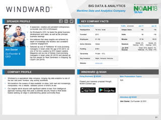Ami Daniel
Co-Founder &
CEO
SPEAKER PROFILE
▪ A seasoned, creative and persistent entrepreneur,
co-founder and CEO of Windward
▪ As Windward's CEO, he leads the global business
development and sales, as well as the principal
business bearings
▪ Ami believes that deep insights are achieved by
depth of knowledge and iterative and consistent
customer engagement
▪ Selected as one of TheMarker 40 most promising
managers in Israel under the age of 40 (2013, as
one of Tel Aviv Leaders by NYC based Leaders
Magazine and as one of Globes most promising
managers in Israel under 40 (2015) and elected as
top four people for 'Next Generation in Shipping' By
Lloyd's List (2016).
KEY COMPANY FACTS
91
BIG DATA & ANALYTICS
Maritime Data and Analytics Company
COMPANY PROFILE WINDWARD @ NOAH
▪ Windward is a specialized data company, bringing big data analytics to one of
the last ‘wild west’ frontiers: ship activity worldwide
▪ We transform the oceans of data available on ships, both vast and increasingly
manipulated, into a reliable, validated picture of what’s at sea
▪ Our insights serve anyone with significant stakes at sea: from Intelligence
agencies tracking ships that pose a potential security threat to Wall Street
traders seeking an edge in understanding global commodity flows
Key Corporate Facts
Headquarters Tel Aviv, Israel
Founded 2010
Employees 51-100
Active Markets Global
Funding $16m
Ownership Private – VCs
Key Investors Aleph, Horizons Ventures
Website wnwd.com
Traffic Jan-17 Jan-18
Unique Users <5k <5k
Visits 8k <5k
Minutes 57:36 09:03
Sessions
Mobile: 0%
Desktop: 100%
Mobile: 0%
Desktop: 100%
Jan 2018
Sources
Direct: 81%, Search: 1%,
Referrals: 1%, Other: 17%
Doing Business @ NOAH Main Presentation Topics
Attendees @ NOAH
Ami Daniel, Co-Founder & CEO
N/A
Present your business proposal through
NOAH Connect app
 