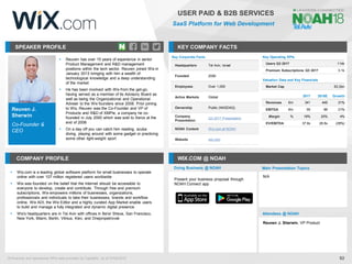 Reuven J.
Sherwin
Co-Founder &
CEO
SPEAKER PROFILE
▪ Reuven has over 15 years of experience in senior
Product Management and R&D management
positions within the tech sector. Reuven joined Wix in
January 2013 bringing with him a wealth of
technological knowledge and a deep understanding
of the market
▪ He has been involved with Wix from the get-go,
having served as a member of its Advisory Board as
well as being the Organizational and Operational
Adviser to the Wix founders since 2008. Prior joining
to Wix, Reuven was the Co-Founder and VP of
Products and R&D of XMPie, a company he co-
founded in July 2000 which was sold to Xerox at the
end of 2006
▪ On a day off you can catch him reading, scuba
diving, playing around with some gadget or practicing
some other light-weight sport
KEY COMPANY FACTS
92
USER PAID & B2B SERVICES
SaaS Platform for Web Development
COMPANY PROFILE WIX.COM @ NOAH
▪ Wix.com is a leading global software platform for small businesses to operate
online with over 107 million registered users worldwide
▪ Wix was founded on the belief that the Internet should be accessible to
everyone to develop, create and contribute. Through free and premium
subscriptions, Wix empowers millions of businesses, organizations,
professionals and individuals to take their businesses, brands and workflow
online. Wix ADI, the Wix Editor and a highly curated App Market enable users
to build and manage a fully integrated and dynamic digital presence
▪ Wix's headquarters are in Tel Aviv with offices in Be'er Sheva, San Francisco,
New York, Miami, Berlin, Vilnius, Kiev, and Dnepropetrovsk
Key Corporate Facts
Headquarters Tel Aviv, Israel
Founded 2006
Employees Over 1,000
Active Markets Global
Ownership Public (NASDAQ)
Company
Presentation
Q3 2017 Presentation
NOAH Content Wix.com at NOAH
Website wix.com
Doing Business @ NOAH Main Presentation Topics
Attendees @ NOAH
Reuven J. Sherwin, VP Product
N/A
Present your business proposal through
NOAH Connect app
Key Operating KPIs
Users Q3 2017 114k
Premium Subscriptions Q3 2017 3.1k
Valuation Data and Key Financials
Market Cap €2.2bn
2017 2018E Growth
Revenues €m 341 448 31%
EBITDA €m 55 88 21%
Margin % 16% 20% 4%
EV/EBITDA 37.8x 26.8x (29%)
All financial and operational KPIs data provided by CapitalIQ, as of 07/02/2018
 