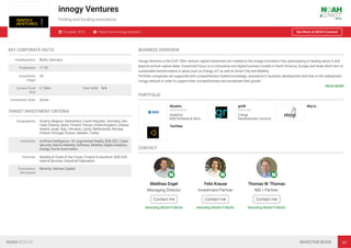 innogy Ventures
Finding and funding innovations
Founded: 2016 https://www.innogy.ventures/ See More at NOAH Connect
KEY CORPORATE FACTS
Headquarters Berlin, Germany
Employees 11-25
Investment
Stage
VC
Current Fund
Size
€ 130m Total AUM N/A
Investment Style Active
TARGET INVESTMENT CRITERIA
Geographies Austria, Belgium, Switzerland, Czech Republic, Germany, Den-
mark, Estonia, Spain, Finland, France, United Kingdom, Greece,
Ireland, Israel, Italy, Lithuania, Latvia, Netherlands, Norway,
Poland, Portugal, Russia, Sweden, Turkey
Industries Artiﬁcial Intelligence / AI, Augmented Reality, B2B, B2C, Cyber
Security, Electro-Mobility, Software, Mobility, Digital Analytics,
Energy, Home Automation
Verticals Mobility & Travel of the Future, Fintech & Insurtech, B2B Soft-
ware & Services, Industrial Digitisation
Transaction
Structures
Minority, Venture Capital
BUSINESS OVERVIEW
Innogy Ventures is the EUR 130m venture capital investment arm related to the innogy Innovation Hub, participating or leading series A and
beyond venture capital deals. Investment focus is on innovative and digital business models in North America, Europe and Israel which aim at
sustainable transformation in areas such as Energy, IoT as well as Smart City and Mobility.
Portfolio companies are supported with comprehensive market knowledge, assistance in business development and links to the widespread
innogy network in order to support their competitiveness and accelerate their growth.
READ MORE
PORTFOLIO
Akselos
Switzerland
Analytics
B2B Software & Servi…
gridX
Germany
Energy
Revolutionary Consum…
Moj.io
TechSee
CONTACT
Matthias Engel
Managing Director
Contact me
Attending NOAH19 Berlin
Felix Krause
Investment Partner
Contact me
Attending NOAH19 Berlin
Thomas W. Thomas
MD / Partner
Contact me
Attending NOAH19 Berlin
NOAH BERLIN INVESTOR BOOK 99
 