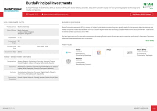 BurdaPrincipal Investments
Burda Principal Investments (BPI), a division of Hubert Burda Media, provides long term growth equity for fast growing digital technology and
media companies.
Founded: 2015 www.burdaprincipalinvestments.com See More at NOAH Connect
KEY CORPORATE FACTS
Headquarters Munich, Germany
Other Oﬃces Berlin, Germany
London, United Kingdom
Singapore, Singapore
Employees 11-25
Investment
Stage
VC
Current Fund
Size
N/A Total AUM N/A
Investment Style Active
TARGET INVESTMENT CRITERIA
Geographies Austria, Belgium, Switzerland, Germany, Denmark, France,
United Kingdom, Ireland, Lithuania, Netherlands, Sweden
Industries Publisher, E-Commerce, Growth Capital, Marketplaces, Venture
Capital, Audio Platforms, Direct-to-Consumer, Networks
Verticals Revolutionary Consumer Products, Digital Health, Edutech,
Ecommerce, Marketplaces & Classiﬁeds
Transaction
Structures
Growth Capital, Minority, Primary, Venture Capital, Active Style
BUSINESS OVERVIEW
Burda Principal Investments (BPI), a division of Hubert Burda Media, provides long term growth equity for fast growing digital technology and
media companies. Hubert Burda Media is one of Europe’s largest media and technology conglomerates with a strong investment track record
in internet-centric businesses since 1998.
We have been partners for visionary entrepreneurs, leveraging Burda’s capital, brands and sector expertise, particularly in the areas of business
expansion, internationalization and localization.
READ MORE
PORTFOLIO
Vinted
Lithuania
Marketplaces
Ecommerce, Marketpla…
Zilingo Bloom & Wild
United Kingdom
E-Commerce
Ecommerce, Marketpla…
Nebenan
Germany
Communities
Revolutionary Consum…
NOAH BERLIN INVESTOR BOOK 100
 