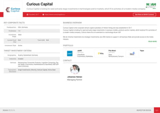 Curious Capital
Curious Capital is looking for seed and early stage investments in technologies and/or markets, which ﬁt to activities of a modern media company.
Founded: 2017 https://www.curiouscapital.vc/ See More at NOAH Connect
KEY CORPORATE FACTS
Headquarters Köln, Germany
Employees 1-3
Investment
Stage
Seed
Current Fund
Size
N/A Total AUM N/A
Investment Style Active
TARGET INVESTMENT CRITERIA
Geographies Austria, Switzerland, Germany
Industries Investor
Verticals Revolutionary Consumer Products, Cognitive Computing, Dig-
ital Health, Ecommerce, Marketplaces & Classiﬁeds, B2B Soft-
ware & Services
Transaction
Structures
Angel Investments, Minority, Venture Capital, Active Style
BUSINESS OVERVIEW
Curious Capital is the corporate venture capital subsidiary of Heinen-Verlag and was established in 2017.
Curious Capital is looking for seed and early stage investments in business models, products and/or markets, which anyhow ﬁt to activities of
a modern media company. Critical criteria for an investment is a technology-driven USP.
We do minority investments (no strategic investments), but offer hands-on support in all business ﬁelds and provide access to the media
industry.
READ MORE
PORTFOLIO
Joblift
Germany
Classiﬁeds
Ecommerce, Marketpla…
Flits Music
Germany
Apps
Revolutionary Consum…
Tegus
CONTACT
Johannes Heinen
Managing Partner
NOAH BERLIN INVESTOR BOOK 101
 