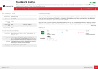 Macquarie Capital
Macquarie Capital is Macquarie Group's principal investment and investment banking division, providing clients with innovative advice and ﬂexible
capital solutions across a range of sectors and products.
Founded: pre-1990 http://www.macquarie.com See More at NOAH Connect
KEY CORPORATE FACTS
Headquarters Sydney, Australia
Employees Over 10,000
Investment
Stage
Growth
Current Fund
Size
N/A Total AUM € 347m
Investment Style Active
TARGET INVESTMENT CRITERIA
Geographies Austria, Switzerland, Germany, France, United Kingdom, Ire-
land, Israel, Italy
Industries PaaS, Analytics, B2B, Big Data, Business Intelligence, Con-
sumer Products, Cyber Security, Digitalisation, EduTech, Soft-
ware, Mobility, SaaS, Cloud, Data, Data Management Platforms
Verticals Fintech & Insurtech, Ecommerce, Marketplaces & Classiﬁeds,
B2B Software & Services, Industrial Digitisation
Transaction
Structures
Growth Capital, Minority, Active Style
BUSINESS OVERVIEW
Macquarie is a diversiﬁed ﬁnancial group providing clients with asset management and ﬁnance, banking, advisory and risk and capital solutions
across debt, equity and commodities. The diversity of our operations, combined with a strong capital position and robust risk management
framework, has contributed to our 50-year record of unbroken proﬁtability.
Macquarie Capital, our principal investment and investment banking division, has over 1,300 staff operating across 16 markets in Europe, the
Middle East, the United States, Australia and New Zealand, and Asia. Macquarie Capital has global capability in providing clients with innovative…
READ MORE
PORTFOLIO
Grab
Singapore
Apps
Mobility & Travel of…
Nuix Stocard
Germany
FinTech
Ecommerce, Marketpla…
IDAGIO
Germany
Music Platforms
Revolutionary Consum…
NOAH BERLIN INVESTOR BOOK 103
 
