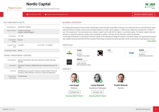Nordic Capital
Creating businesses that are built to last
Founded: pre-1990 https://www.nordiccapital.com/ See More at NOAH Connect
KEY CORPORATE FACTS
Headquarters Stockholm, Sweden
Other Oﬃces Frankfurt, Germany
London, United Kingdom
Employees 101-250
Investment
Stage
Buyout
Current Fund
Size
€ 4,300m Total AUM € 10,000m
Investment Style Active
TARGET INVESTMENT CRITERIA
Geographies Austria, Switzerland, Germany, Denmark, Finland, Norway,
Sweden
Industries Consumer Products, Digital Services, Financial Services, Fin-
Tech
Verticals Revolutionary Consumer Products, Digital Health, Fintech &
Insurtech, B2B Software & Services, Industrial Digitisation
Transaction
Structures
Private Equity
BUSINESS OVERVIEW
As a leading private equity investor, Nordic Capital helps to build stronger sustainable companies. Our investment focus covers the Nordic region,
selected Northern European sectors and the Global healthcare market. Since inception in 1989, Nordic Capital has invested EUR 14 billion in
over 100 investments. The most recent fund is Nordic Capital Fund IX with EUR 4.3 billion in committed capital. The Nordic Capital Funds and
vehicles are advised by advisory entities, which are based in Sweden, Germany, the UK, Denmark, Finland and Norway.
Technology & Payments is a core sector for Nordic Capital. As the leading technology PE investor in the Nordic Region, our dedicated technology
teamhelpedinvestingmorethanEUR2bnofequityintechnologycompaniesduringthelastyears.RecentinvestmentsincludeSignicat,Conscia…
READ MORE
PORTFOLIO
Trustly
Sweden
FinTech
Fintech & Insurtech
Cint
Sweden
BOARD
Switzerland
Analytics
B2B Software & Servi…
Signicat
United Kingdom
Cyber Security
B2B Software & Servi…
CONTACT
Lutz Kregel
Director
Contact me
Attending NOAH19 Berlin
Louise Nabseth
Investment Manager
Contact me
Attending NOAH19 Berlin
Fredrik Näslund
Partner
NOAH BERLIN INVESTOR BOOK 17
 