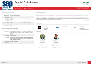 Scottish Equity Partners
Funding growth. Building value.
Founded: 2000 http://www.sep.co.uk See More at NOAH Connect
KEY CORPORATE FACTS
Headquarters London, United Kingdom
Employees 26-50
Investment
Stage
Growth
Current Fund
Size
€ 300m Total AUM € 1,000m
Investment Style Active
TARGET INVESTMENT CRITERIA
Geographies Austria, Belgium, Switzerland, Germany, Denmark, Spain, Fin-
land, France, United Kingdom, Ireland, Netherlands, Norway,
Sweden
Industries Growth Capital
Verticals Revolutionary Consumer Products, Digital Health, Mobility &
Travel of the Future, Fintech & Insurtech, B2B Software & Ser-
vices, Industrial Digitisation
Transaction
Structures
Minority, Secondary
BUSINESS OVERVIEW
SEP has been building businesses for over 20 years, enabling founder led teams to achieve their ambitions. Providing investment, alongside
expertise and access to an international network, SEP’s knowledgeable and down to earth team work hard to help management maximise
company growth and value. Technology focused, with particular expertise in software and consumer internet businesses, SEP has backed more
than 160 companies, including some of Europe’s most successful.
READ MORE
PORTFOLIO
Babbel
Germany
Education
Edutech
Content Guru Mister Spex
Germany
E-Commerce
Ecommerce, Marketpla…
CONTACT
Tim Ankers
Principal
Contact me
Attending NOAH19 Berlin
Martin Brennan
Principal
Contact me
Attending NOAH19 Berlin
NOAH BERLIN INVESTOR BOOK 21
 