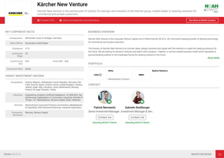 Kärcher New Venture
Kärcher New Venture is the central point of contact for startups and investors in the Kärcher group, market leader in cleaning solutions for
commercial and private customers.
Founded: 2016 https://www.kaercher.com/newventure See More at NOAH Connect
KEY CORPORATE FACTS
Headquarters Winnenden close to Stuttgart, Germany
Other Oﬃces Sunnyvale, United States
Employees 4-10
Investment
Stage
VC
Current Fund
Size
N/A Total AUM N/A
Investment Style Active
TARGET INVESTMENT CRITERIA
Geographies Austria, Belgium, Switzerland, Czech Republic, Germany, Den-
mark, Estonia, Spain, Finland, France, United Kingdom, Greece,
Ireland, Israel, Italy, Lithuania, Latvia, Netherlands, Norway,
Poland, Portugal, Sweden, Turkey
Industries Engineering, Analytics, Artiﬁcial Intelligence / AI, B2B, B2C, Dig-
ital Services, Digitalisation, E-Commerce, Industrial, Internet of
Things / IoT, Marketplaces, Venture Capital, SaaS, Hardware
Verticals Revolutionary Consumer Products, Ecommerce, Marketplaces
& Classiﬁeds, B2B Software & Services, Industrial Digitisation
Transaction
Structures
Minority, Venture Capital
BUSINESS OVERVIEW
Kärcher New Venture is the Corporate Venture Capital Unit of Alfred Kärcher SE & Co. KG, the world’s leading provider of cleaning technology
for commercial and private customers.
The mission of Kärcher New Venture is to connect ideas, people, business and capital with the intention to create the cleaning solutions for
the future. We are looking for dynamic ventures and teams with a product-, material- or service-related business model which represents a
ground-breaking solution to the challenges facing the cleaning industry in the future.
READ MORE
PORTFOLIO
Mitte
Revolutionary Consum…
Skyline Robotics
CONTACT
Patrick Nennewitz
SeniorInvestmentManager…
Contact me
Attending NOAH19 Berlin
Gabriele Straßburger
Investment Manager & Ven…
Contact me
Attending NOAH19 Berlin
NOAH BERLIN INVESTOR BOOK 23
 