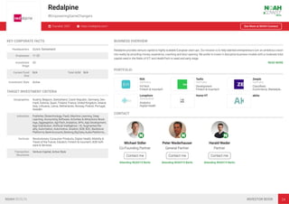 Redalpine
#EmpoweringGameChangers
Founded: 2007 https://redalpine.com/ See More at NOAH Connect
KEY CORPORATE FACTS
Headquarters Zurich, Switzerland
Employees 11-25
Investment
Stage
VC
Current Fund
Size
N/A Total AUM N/A
Investment Style Active
TARGET INVESTMENT CRITERIA
Geographies Austria, Belgium, Switzerland, Czech Republic, Germany, Den-
mark, Estonia, Spain, Finland, France, United Kingdom, Ireland,
Italy, Lithuania, Latvia, Netherlands, Norway, Poland, Portugal,
Sweden
Industries Publisher, Biotechnology, PaaS, Machine Learning, Deep
Learning, Accounting Software, Activities & Attractions Book-
ings, Aggregation, AgriTech, Analytics, APIs, App Development,
App Distribution, Artiﬁcial Intelligence / AI, Augmented Re-
ality, Automation, Automotive, Aviation, B2B, B2C, Backbone
Platforms,BankAccounts,Banking,BigData,AudioPlatforms,…
Verticals Revolutionary Consumer Products, Digital Health, Mobility &
Travel of the Future, Edutech, Fintech & Insurtech, B2B Soft-
ware & Services
Transaction
Structures
Venture Capital, Active Style
BUSINESS OVERVIEW
Redalpine provides venture capital to highly scalable European start-ups. Our mission is to help talented entrepreneurs turn an ambitious vision
into reality by providing money, experience, coaching and door opening. We prefer to invest in disruptive business models with a moderate total
capital need in the ﬁelds of ICT and HealthTech in seed and early stage.
READ MORE
PORTFOLIO
N26
Germany
FinTech
Fintech & Insurtech
Taxﬁx
Germany
Development
Fintech & Insurtech
Zenjob
Germany
Classiﬁeds
Ecommerce, Marketpla…
Lunaphore
Switzerland
Analytics
Digital Health
Home HT aktiia
CONTACT
Michael Sidler
Co-Founding Partner
Contact me
Attending NOAH19 Berlin
Peter Niederhauser
General Partner
Contact me
Attending NOAH19 Berlin
Harald Nieder
Partner
Contact me
Attending NOAH19 Berlin
NOAH BERLIN INVESTOR BOOK 24
 