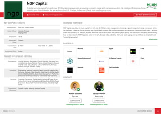 NGP Capital
A global venture capital ﬁrm with over $1.2B under management, investing in growth-stage tech companies within the Intelligent Enterprise, Smart
Mobility, and Digital Health. We are active in the U.S., Europe, India, and China. Visit us at ngpcap.com.
Founded: 2005 https://www.ngpcap.com/ See More at NOAH Connect
KEY CORPORATE FACTS
Headquarters Palo Alto, United States
Other Oﬃces Helsinki, Finland
Beijing, China
Employees 26-50
Investment
Stage
Growth
Current Fund
Size
€ 350m Total AUM € 1,200m
Investment Style Active
TARGET INVESTMENT CRITERIA
Geographies Austria, Belgium, Switzerland, Czech Republic, Germany, Den-
mark, Estonia, Spain, Finland, France, United Kingdom, Greece,
Ireland, Israel, Italy, Lithuania, Latvia, Netherlands, Norway,
Poland, Portugal, Sweden, Turkey
Industries Engineering, Machine Learning, Deep Learning, Analytics, Au-
tomotive, Big Data, Cyber Security, Data Science, Digital Health,
Electro-Mobility, Mobility, SaaS, Data Management Platforms,
Enterprise Hardware, Enterprise Information Management
Verticals Cognitive Computing, Digital Health, Mobility & Travel of the
Future, Ecommerce, Marketplaces & Classiﬁeds, B2B Software
& Services, Blockchain-Powered Businesses, Industrial Digiti-
sation
Transaction
Structures
Growth Capital, Minority, Venture Capital
BUSINESS OVERVIEW
NGP Capital is a global venture capital ﬁrm with over $1.2 billion under management, investing in growth-stage technology companies within
the Intelligent Enterprise, Smart Mobility, and Digital Health markets. We back entrepreneurs who share our Connected World vision – a vision
where the conﬂuence of sensors, mobility, software, and cloud solutions will connect people, things and industries in new ways, transforming
how we live and work. NGP Capital is active in the U.S., Europe, India, and China. Visit us at www.ngpcap.com and follow us on LinkedIn and
Twitter (@ngpcapital).
READ MORE
PORTFOLIO
Moovit Egym Lime
SecurityScorecard AI Squirrel Learni… Clue
Scandit GetYourGuide
CONTACT
Walter Masalin
Partner
Contact me
Attending NOAH19 Berlin
Jacob Fellman
Associate
Contact me
Attending NOAH19 Berlin
NOAH BERLIN INVESTOR BOOK 26
 