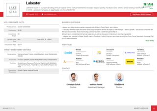 Lakestar
Lakestar is one of Europe's leading venture capital ﬁrms. Early investments included Skype, Spotify, Facebook and airbnb. Since raising a ﬁrst fund
in 2013, Lakestar manages an aggregate volume of EUR 1bn.
Founded: 2013 http://lakestar.com See More at NOAH Connect
KEY CORPORATE FACTS
Headquarters Zurich, Switzerland
Employees 26-50
Investment
Stage
VC
Current Fund
Size
N/A Total AUM € 1,000m
Investment Style Active
TARGET INVESTMENT CRITERIA
Geographies Germany, Spain, France, United Kingdom, Israel, Netherlands,
Sweden
Industries FinTech, Software, Travel, Media, Real Estate, Transportation
Verticals Revolutionary Consumer Products, Digital Health, Mobility &
Travel of the Future, Fintech & Insurtech, B2B Software & Ser-
vices
Transaction
Structures
Growth Capital, Venture Capital
BUSINESS OVERVIEW
Lakestar is a global venture capital company, with oﬃces in Zurich, Berlin, and London.
• Company identiﬁed highly disruptive technology companies across all stages of their lifestyle – seed to growth – and across consumer and
B2B business models. Most importantly, Lakestar has been a preferred partner for US
entrepreneurs considering international expansion, as well as European entrepreneurs wanting to go global.
• Lakestar has invested in Skype, Spotify, Harry's, Facebook, Airbnb, King.com, and more recently into Omio, Oscar, Opendoor, Hometogo, Get
your Guide and Revolut.
READ MORE
PORTFOLIO
Revolut
United Kingdom
FinTech
Fintech & Insurtech
CrossLend
Germany
FinTech
Fintech & Insurtech
Teralytics
Switzerland
Data Science
Mobility & Travel of…
Auterion
Switzerland
B2B
B2B Software & Servi…
Avrios
Switzerland
Artiﬁcial Intellige…
B2B Software & Servi…
Amuse.io
Sweden
Apps
Mobility & Travel of…
CONTACT
Christoph Schuh
Partner
Mathias Haniel
Investment Manager
Gilad Novik
Partner
NOAH BERLIN INVESTOR BOOK 33
 
