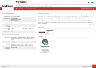 Northzone
Northzone is a European VC fund and early backer of game-changing companies like Spotify, iZettle, Avito, Klarna, Trustpilot, Zopa, Avito and others.
Since 1996, we have invested in over 140 companies and raised 8 funds.
Founded: 1996 http://northzone.com/ See More at NOAH Connect
KEY CORPORATE FACTS
Headquarters OSLO, United Kingdom
Other Oﬃces London, Sweden
Stockholm, United States
New York, Norway
Employees 11-25
Investment
Stage
VC
Current Fund
Size
€ 350m Total AUM € 1,000m
Investment Style Active
TARGET INVESTMENT CRITERIA
Geographies Austria, Belgium, Switzerland, Germany, Denmark, Spain, Fin-
land, France, United Kingdom, Ireland, Netherlands, Norway,
Sweden
Industries Venture Capital
Verticals Revolutionary Consumer Products, Edutech, Fintech & In-
surtech, B2B Software & Services, Industrial Digitisation
Transaction
Structures
Venture Capital
BUSINESS OVERVIEW
Northzone is a European VC fund and early backer of game-changing companies like Spotify, iZettle, Avito, Klarna, Trustpilot, Zopa, Avito and
others. Since 1996, we have invested in over 140 companies and raised 8 funds, with over €1 billion under management.
From our oﬃces in Stockholm, London, New York and Oslo, we have a singular focus on providing the capital and connections to help
entrepreneurs build solutions to big problems. We work around the clock to connect our companies with customers, business partners and
talent on a global scale.
READ MORE
PORTFOLIO
Universal Avenue
Sweden
B2B
B2B Software & Servi…
CONTACT
Michiel Kotting
Partner
Contact me
Attending NOAH19 Berlin
NOAH BERLIN INVESTOR BOOK 3
 