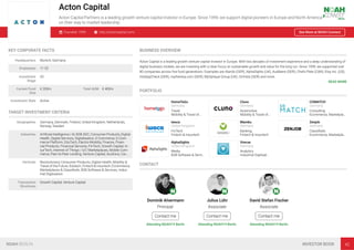 Acton Capital
Acton Capital Partners is a leading growth venture capital investor in Europe. Since 1999, we support digital pioneers in Europe and North America
on their way to market leadership.
Founded: 1999 http://actoncapital.com/ See More at NOAH Connect
KEY CORPORATE FACTS
Headquarters Munich, Germany
Employees 11-25
Investment
Stage
VC
Current Fund
Size
€ 200m Total AUM € 400m
Investment Style Active
TARGET INVESTMENT CRITERIA
Geographies Germany, Denmark, Finland, United Kingdom, Netherlands,
Norway, Sweden
Industries Artiﬁcial Intelligence / AI, B2B, B2C, Consumer Products, Digital
Health, Digital Services, Digitalisation, E-Commerce, E-Com-
merce Platform, EduTech, Electro-Mobility, Finance, Finan-
cial Products, Financial Services, FinTech, Growth Capital, In-
surTech, Internet of Things / IoT, Marketplaces, Mobile Com-
merce, Peer-to-Peer Lending, Venture Capital, Auctions, Car…
Verticals Revolutionary Consumer Products, Digital Health, Mobility &
Travel of the Future, Edutech, Fintech & Insurtech, Ecommerce,
Marketplaces & Classiﬁeds, B2B Software & Services, Indus-
trial Digitisation
Transaction
Structures
Growth Capital, Venture Capital
BUSINESS OVERVIEW
Acton Capital is a leading growth venture capital investor in Europe. With two decades of investment experience and a deep understanding of
digital business models, we are investing with a clear focus on sustainable growth and value for the long run. Since 1999, we supported over
80 companies across ﬁve fund generations. Examples are Alando (GER), AlphaSights (UK), Audibene (GER), Chefs Plate (CAN), Etsy Inc. (US),
HolidayCheck (GER), mytheresa.com (GER), MyOptique Group (UK), OnVista (GER) and more.
READ MORE
PORTFOLIO
HomeToGo
Germany
Travel
Mobility & Travel of…
Cluno
Germany
Automotive
Mobility & Travel of…
COMATCH
Germany
Consulting
Ecommerce, Marketpla…
iwoca
United Kingdom
FinTech
Fintech & Insurtech
Mambu
Germany
Banking
Fintech & Insurtech
Zenjob
Germany
Classiﬁeds
Ecommerce, Marketpla…
AlphaSights
United Kingdom
Media
B2B Software & Servi…
Vimcar
Germany
Analytics
Industrial Digitisat…
CONTACT
Dominik Alvermann
Principal
Contact me
Attending NOAH19 Berlin
Julius Lühr
Associate
Contact me
Attending NOAH19 Berlin
David Stefan Fischer
Associate
Contact me
Attending NOAH19 Berlin
NOAH BERLIN INVESTOR BOOK 42
 