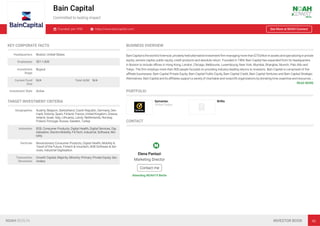 Bain Capital
Committed to lasting impact
Founded: pre-1990 https://www.baincapital.com/ See More at NOAH Connect
KEY CORPORATE FACTS
Headquarters Boston, United States
Employees 501-1,000
Investment
Stage
Buyout
Current Fund
Size
N/A Total AUM N/A
Investment Style Active
TARGET INVESTMENT CRITERIA
Geographies Austria, Belgium, Switzerland, Czech Republic, Germany, Den-
mark, Estonia, Spain, Finland, France, United Kingdom, Greece,
Ireland, Israel, Italy, Lithuania, Latvia, Netherlands, Norway,
Poland, Portugal, Russia, Sweden, Turkey
Industries B2B, Consumer Products, Digital Health, Digital Services, Dig-
italisation, Electro-Mobility, FinTech, Industrial, Software, Mo-
bility
Verticals Revolutionary Consumer Products, Digital Health, Mobility &
Travel of the Future, Fintech & Insurtech, B2B Software & Ser-
vices, Industrial Digitisation
Transaction
Structures
Growth Capital, Majority, Minority, Primary, Private Equity, Sec-
ondary
BUSINESS OVERVIEW
Bain Capital is the world’s foremost, privately-held alternative investment ﬁrm managing more than $75 billion in assets and specializing in private
equity, venture capital, public equity, credit products and absolute return. Founded in 1984, Bain Capital has expanded from its headquarters
in Boston to include oﬃces in Hong Kong, London, Chicago, Melbourne, Luxembourg, New York, Mumbai, Shanghai, Munich, Palo Alto and
Tokyo. The ﬁrm employs more than 900 people focused on providing industry-leading returns to investors. Bain Capital is comprised of ﬁve
aﬃliate businesses: Bain Capital Private Equity, Bain Capital Public Equity, Bain Capital Credit, Bain Capital Ventures and Bain Capital Strategic
Alternatives. Bain Capital and its aﬃliates support a variety of charitable and nonproﬁt organizations by donating time, expertise and resources.…
READ MORE
PORTFOLIO
Symantec
United States
Brillio
CONTACT
Elena Pantazi
Marketing Director
Contact me
Attending NOAH19 Berlin
NOAH BERLIN INVESTOR BOOK 46
 