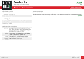 Greenﬁeld One
Berlin based Crypto/Blockchain VC
Founded: 2019 https://www.greenﬁeld.one See More at NOAH Connect
KEY CORPORATE FACTS
Headquarters Berlin, Germany
Employees 4-10
Investment
Stage
VC
Current Fund
Size
N/A Total AUM N/A
Investment Style Active
TARGET INVESTMENT CRITERIA
Geographies Austria, Belgium, Switzerland, Czech Republic, Germany, Den-
mark, Estonia, Spain, Finland, France, United Kingdom, Greece,
Ireland, Israel, Italy, Lithuania, Latvia, Netherlands, Norway,
Poland, Portugal, Russia, Sweden, Turkey
Industries Cryptocurrencies, Big Data, Blockchain, FinTech, Internet of
Things / IoT, Micropayments, Developer Tools
Verticals Fintech & Insurtech, Blockchain-Powered Businesses
Transaction
Structures
Angel Investments, Venture Capital
BUSINESS OVERVIEW
We make long-term bets on early developer teams building towards an open, decentralized and more robust architecture of tomorrow’s web.
READ MORE
NOAH BERLIN INVESTOR BOOK 51
 