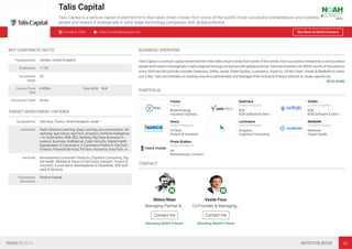 Talis Capital
Talis Capital is a venture capital investment ﬁrm that takes smart money from some of the world’s most successful entrepreneurs and business
people and invests it strategically in early stage technology companies with global potential.
Founded: 2009 https://www.taliscapital.com See More at NOAH Connect
KEY CORPORATE FACTS
Headquarters London, United Kingdom
Employees 11-25
Investment
Stage
VC
Current Fund
Size
€ 400m Total AUM N/A
Investment Style Active
TARGET INVESTMENT CRITERIA
Geographies Germany, France, United Kingdom, Israel
Industries PaaS, Machine Learning, Deep Learning, Accommodation, Ad-
vertising, Agriculture, AgriTech, Analytics, Artiﬁcial Intelligence
/ AI, Automation, B2B, B2C, Banking, Big Data, Business In-
surance, Business Intelligence, Cyber Security, Digital Health,
Digitalisation, E-Commerce, E-Commerce Platform, EduTech,
Finance, Financial Services, FinTech, Insurance, InsurTech, In…
Verticals Revolutionary Consumer Products, Cognitive Computing, Dig-
ital Health, Mobility & Travel of the Future, Edutech, Fintech &
Insurtech, Ecommerce, Marketplaces & Classiﬁeds, B2B Soft-
ware & Services
Transaction
Structures
Venture Capital
BUSINESS OVERVIEW
Talis Capital is a venture capital investment ﬁrm that takes smart money from some of the world’s most successful entrepreneurs and business
people and invests it strategically in early stage technology companies with global potential. Talis has invested over $600m worth of transactions
since 2009 and the portfolio includes Darktrace, Onﬁdo, iwoca, Pirate Studios, Luminance, import.io, Oh My Green, Ynsect & Medbelle to name
just a few. Talis concentrates on building long term partnerships and leverages their exclusive investor network to create opportunity
READ MORE
PORTFOLIO
Ynsect
France
Biotechnology
Industrial Digitisat…
Darktrace
United Kingdom
B2B
B2B Software & Servi…
Onﬁdo
United Kingdom
B2B
B2B Software & Servi…
iwoca
United Kingdom
FinTech
Fintech & Insurtech
Luminance
United Kingdom
Analytics
Cognitive Computing
Medbelle
United Kingdom
Medicine
Digital Health
Pirate Studios
United Kingdom
Art
Revolutionary Consum…
CONTACT
Matus Maar
Managing Partner &…
Contact me
Attending NOAH19 Berlin
Vasile Foca
Co-Founder & Managing…
Contact me
Attending NOAH19 Berlin
NOAH BERLIN INVESTOR BOOK 55
 