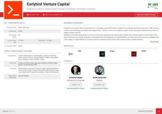 Earlybird Venture Capital
Earlybird is a venture capital investor focused on European technology companies.
Founded: 1997 http://www.earlybird.com See More at NOAH Connect
KEY CORPORATE FACTS
Headquarters Berlin, Germany
Employees 26-50
Investment
Stage
VC
Current Fund
Size
€ 175m Total AUM € 100m
Investment Style Active
TARGET INVESTMENT CRITERIA
Geographies Austria, Switzerland, Czech Republic, Germany, Denmark,
Spain, Finland, France, United Kingdom, Ireland, Italy, Nether-
lands, Norway, Poland, Sweden, Turkey
Industries Cryptocurrencies, Deep Learning, Analytics, Artiﬁcial Intelli-
gence / AI, Automotive, B2B
Verticals Revolutionary Consumer Products, Digital Health, Mobility &
Travel of the Future, Fintech & Insurtech, B2B Software & Ser-
vices, Blockchain-Powered Businesses, Industrial Digitisation
Transaction
Structures
Venture Capital
BUSINESS OVERVIEW
Earlybird is a European venture investment ﬁrm. It manages around US$1 billion in assets for an international investor base since 1998, focusing
mainly on the technology and health technology sectors. The ﬁrm is one of the largest European venture and growth capital investors and the
largest outside of the UK.
Earlybird’s investment philosophy is to focus on non-linear companies that disrupt large markets with a strong product or technology at their
heart. Earlybird is particularly interested in companies that build engagement or network effects, and that reach proof points and scalability with
a high degree of capital eﬃciency. Earlybird looks for investment opportunities with European DNA but global ambition.
READ MORE
PORTFOLIO
N26 smava UiPath
CONTACT
Christian Nagel
Partner & Co-founder
Contact me
Attending NOAH19 Berlin
Andre Retterath
Analyst
Contact me
Attending NOAH19 Berlin
NOAH BERLIN INVESTOR BOOK 56
 