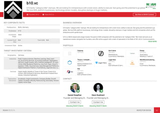 b10.vc
b10 backs "category killer" startups. We are looking for entrepreneurs with a bold vision, ability to execute, fast going and the potential to go global.
We love B2B, platform-businesses, technology-driven models, disruptive startups in huge markets.
Founded: 2015 https://b10.vc See More at NOAH Connect
KEY CORPORATE FACTS
Headquarters Berlin, Germany
Employees 4-10
Investment
Stage
Seed
Current Fund
Size
N/A Total AUM N/A
Investment Style Active
TARGET INVESTMENT CRITERIA
Geographies Germany
Industries PaaS, Cryptocurrencies, Machine Learning, Deep Learn-
ing, Accounting Services, Accounting Software, Aggregation,
AgriTech, Angel Investor, APIs, Artiﬁcial Intelligence / AI, Auto-
motive, B2B, Backbone Platforms, InsurTech, Apps, Cloud In-
tegration / ESBs, Cloud Services, Data Management Platforms,
Digital Distribution Platform, Food Delivery, Legal Services, Lo…
Verticals Digital Health, Mobility & Travel of the Future, Fintech & In-
surtech, B2B Software & Services, Blockchain-Powered Busi-
nesses, Industrial Digitisation
Transaction
Structures
Accelerator, Angel Investments, Company Builder, Growth
Capital, Incubator, Minority, Restructuring, Secondary, Venture
Capital, Active Style
BUSINESS OVERVIEW
b10 backs "category killer" startups. We are looking for entrepreneurs with a bold vision, ability to execute, fast going and the potential to go
global. We love B2B, platform-businesses, technology-driven models, disruptive startups in huge markets and b2b-companies which put the
enterprise-world upside down.
b10 is a Berlin-based early-stage investor focused on B2B companies with the potential to be "Category Killer." We invest and acts as an
operational investor alongside the founders, and offer active support with a team of specialists in the ﬁelds of HR, UX/UI, Communications…
READ MORE
PORTFOLIO
Carjump
Germany
Get it done
Germany
Marketplaces
Ecommerce, Marketpla…
Enway
Germany
Automation
Mobility & Travel of…
Thryve // mHealth …
Germany
Medical Software & A…
Digital Health
Legal Hero
Germany
B2C
B2B Software & Servi…
MeinWunschcatering…
Germany
Food
Ecommerce, Marketpla…
Fliit
Germany
Logistics
B2B Software & Servi…
CONTACT
Daniel Hoepfner
Founder and Managing Di…
Contact me
Attending NOAH19 Berlin
Henri Kuehnert
Founder and Managing Di…
Contact me
Attending NOAH19 Berlin
NOAH BERLIN INVESTOR BOOK 62
 