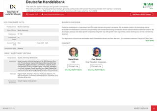 Deutsche Handelsbank
The bank for digital startups and growth companies.
Providing Growth Financing and BaaS to fast growing companies with proven business model from Series A onwards.
Helping already over 150 Scale-ups to lever their business with loans starting from 500k.
Founded: 2009 https://www.handelsbank.com See More at NOAH Connect
KEY CORPORATE FACTS
Headquarters Munich, Germany
Other Oﬃces Berlin, Germany
Employees 51-100
Investment
Stage
VC
Current Fund
Size
N/A Total AUM N/A
Investment Style Passive
TARGET INVESTMENT CRITERIA
Geographies Austria, Germany, Netherlands
Industries Angel Investor, Artiﬁcial Intelligence / AI, B2B, Banking, Buy-
out / Private Equity, Buyout Debt, Casual Gaming, Debt Cap-
ital Markets, Digital Services, E-Commerce, E-Sports, Finan-
cial Services, FinTech, Growth Capital, InsurTech, Payments,
PropTech, Software, Travel, Mobility, Debt, SaaS, Casual Dat-
ing, Content, Dating, Lending, MoneyTransfers, Online Lottery,…
Verticals Digital Health, Mobility & Travel of the Future, Edutech, Fin-
tech & Insurtech, Ecommerce, Marketplaces & Classiﬁeds, B2B
Software & Services
Transaction
Structures
Growth Capital, Venture Debt
BUSINESS OVERVIEW
Deutsche Handelsbank is a specialised bank for digital startups and growth companies. We are deeply rooted in the technology startup
ecosystem and dedicated to connecting and partnering with innovative technology companies, venture capital investors and domain experts. We
accompany startups and digital growth companies along their way with growth ﬁnancing, working capital, banking-as-a-service and factoring
solutions.
Ourtargetgroupisinparticular,weconsiderSaaS(SoftwareasaService,(AdTech,MarTech,…)),e-commerce,InternetofThings(IoT),InsurTech,…
READ MORE
CONTACT
Daniel Kreis
CEO
Contact me
Attending NOAH19 Berlin
Peer Simon
Vice President Corporate…
Contact me
Attending NOAH19 Berlin
NOAH BERLIN INVESTOR BOOK 63
 