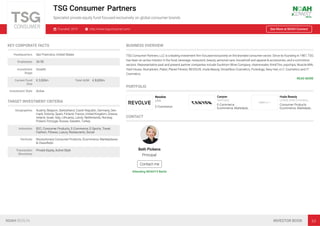 TSG Consumer
Specialist private equity fund focused exclusively on global consumer brands
Founded: 2019 http://www.tsgconsumer.com/ See More at NOAH Connect
KEY CORPORATE FACTS
Headquarters San Francisco, United States
Employees 26-50
Investment
Stage
Growth
Current Fund
Size
€ 3,500m Total AUM € 8,000m
Investment Style Active
TARGET INVESTMENT CRITERIA
Geographies Austria, Belgium, Switzerland, Czech Republic, Germany, Den-
mark, Estonia, Spain, Finland, France, United Kingdom, Greece,
Ireland, Israel, Italy, Lithuania, Latvia, Netherlands, Norway,
Poland, Portugal, Russia, Sweden, Turkey
Industries B2C, Consumer Products, E-Commerce, E-Sports, Travel,
Fashion, Fitness, Luxury, Restaurants, Social
Verticals Revolutionary Consumer Products, Ecommerce, Marketplaces
& Classiﬁeds
Transaction
Structures
Private Equity, Active Style
BUSINESS OVERVIEW
TSG Consumer Partners, LLC is a leading investment ﬁrm focused exclusively on the branded consumer sector. Since its founding in 1987, TSG
has been an active investor in the food, beverage, restaurant, beauty, personal care, household and apparel & accessories, and e-commerce
sectors. Representative past and present partner companies include Duckhorn Wine Company, vitaminwater, thinkThin, popchips, Muscle Milk,
Yard House, Stumptown, Pabst, Planet Fitness, REVOLVE, Huda Beauty, Smashbox Cosmetics, Pureology, Sexy Hair, e.l.f. Cosmetics and IT
Cosmetics.
READ MORE
PORTFOLIO
Canyon
Germany
E-Commerce
Ecommerce, Marketpla…
Huda Beauty
United Arab Emirates…
Consumer Products
Ecommerce, Marketpla…
CONTACT
Beth Pickens
Principal
NOAH BERLIN INVESTOR BOOK 63
Contact me
Attending NOAH19 Berlin
Revolve
USA
E-Commerce
Partners
 