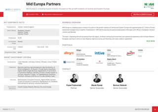 Mid Europa Partners
Mid Europa is a leading buyout investor, focused on the growth markets of Central and Eastern Europe.
Founded: 1999 http://www.mideuropa.com/ See More at NOAH Connect
KEY CORPORATE FACTS
Headquarters London, United Kingdom
Other Oﬃces Budapest, Hungary
Istanbul, Turkey
Warsaw, Poland
Employees 26-50
Investment
Stage
Buyout
Current Fund
Size
€ 800m Total AUM N/A
Investment Style Active
TARGET INVESTMENT CRITERIA
Geographies Czech Republic, Germany, Estonia, Lithuania, Latvia, Poland,
Turkey
Industries Machine Learning, App Development, App Distribution, Ar-
tiﬁcial Intelligence / AI, Buyout / Private Equity, Classiﬁeds,
Digital Health, Digital Services, Digitalisation, E-Commerce,
E-Commerce Platform, EduTech, FinTech, Growth Capital, In-
surTech, Internet of Things / IoT, Marketplaces, Payments,
PropTech, Software, B2B Service Provider, Mobility, SaaS,…
Verticals Revolutionary Consumer Products, Digital Health, Edutech,
Fintech & Insurtech, Ecommerce, Marketplaces & Classiﬁeds,
B2B Software & Services, Industrial Digitisation
Transaction
Structures
Growth Capital, Majority, Minority, Structured Equity
BUSINESS OVERVIEW
Mid Europa is a leading buyout investor, focused on the growth markets of Central and Eastern Europe with approximately €5.2 billion of funds
raised and managed since inception. Established in 1999, Mid Europa has pioneered private equity in the region with oﬃces in Budapest, Istanbul,
London and Warsaw.
The team, originating almost exclusively from the region, combines strong local investment and operational experience with the best Western
European practices in terms of due diligence, deal structuring and ﬁnancing, and value creation capabilities.
READ MORE
PORTFOLIO
Allegro
Poland
Marketplaces
Ecommerce, Marketpla…
intive
Germany
Apps
B2B Software & Servi…
Hortex
Poland
Food
JS Hamilton
Poland
Analytics
Industrial Digitisat…
Regina Maria
Romania
Healthcare / Pharma
Digital Health
CONTACT
Paweł Padusiński
Partner
Marek Rodak
Senior Associate
Bartosz Małecki
Senior Associate
NOAH BERLIN INVESTOR BOOK 76
 