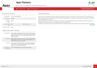 Apax Partners
Apax Partners is a leading global private equity advisory ﬁrm.
Founded: pre-1990 https://www.apax.com/ See More at NOAH Connect
KEY CORPORATE FACTS
Headquarters London, United Kingdom
Employees 251-500
Investment
Stage
Buyout
Current Fund
Size
N/A Total AUM N/A
Investment Style Active
TARGET INVESTMENT CRITERIA
Geographies Austria, Belgium, Switzerland, Czech Republic, Germany, Den-
mark, Estonia, Spain, Finland, France, United Kingdom, Greece,
Ireland, Italy, Lithuania, Latvia, Netherlands, Norway, Poland,
Portugal, Sweden
Industries B2B, Business Insurance, Consumer Products, Digital Health,
Digitalisation, EduTech, FinTech, Industrial, Personal Insur-
ance, B2B Service Provider, Mobility
Verticals Revolutionary Consumer Products, Digital Health, Mobility &
Travel of the Future, Edutech, Fintech & Insurtech, B2B Soft-
ware & Services, Industrial Digitisation
Transaction
Structures
Growth Capital, Majority, Private Equity, Active Style
BUSINESS OVERVIEW
Apax Partners is an independent global partnership focused solely on long-term investment in growth companies. Funds advised by Apax
Partners typically invest in large companies with an enterprise value between €1bn and €5bn. The Funds invest in four sectors: Tech & Telco,
Services, Healthcare, and Consumer.
Releasing potential is at the heart of everything we do.  Whether it’s identifying potential investments, growing our portfolio companies or
realising their value at the right time, our strategy is geared to releasing potential.
Throughout over 30 years since the raising of the ﬁrst fund, the company has successfully invested across all investment stages, and through…
READ MORE
NOAH BERLIN INVESTOR BOOK 80
 